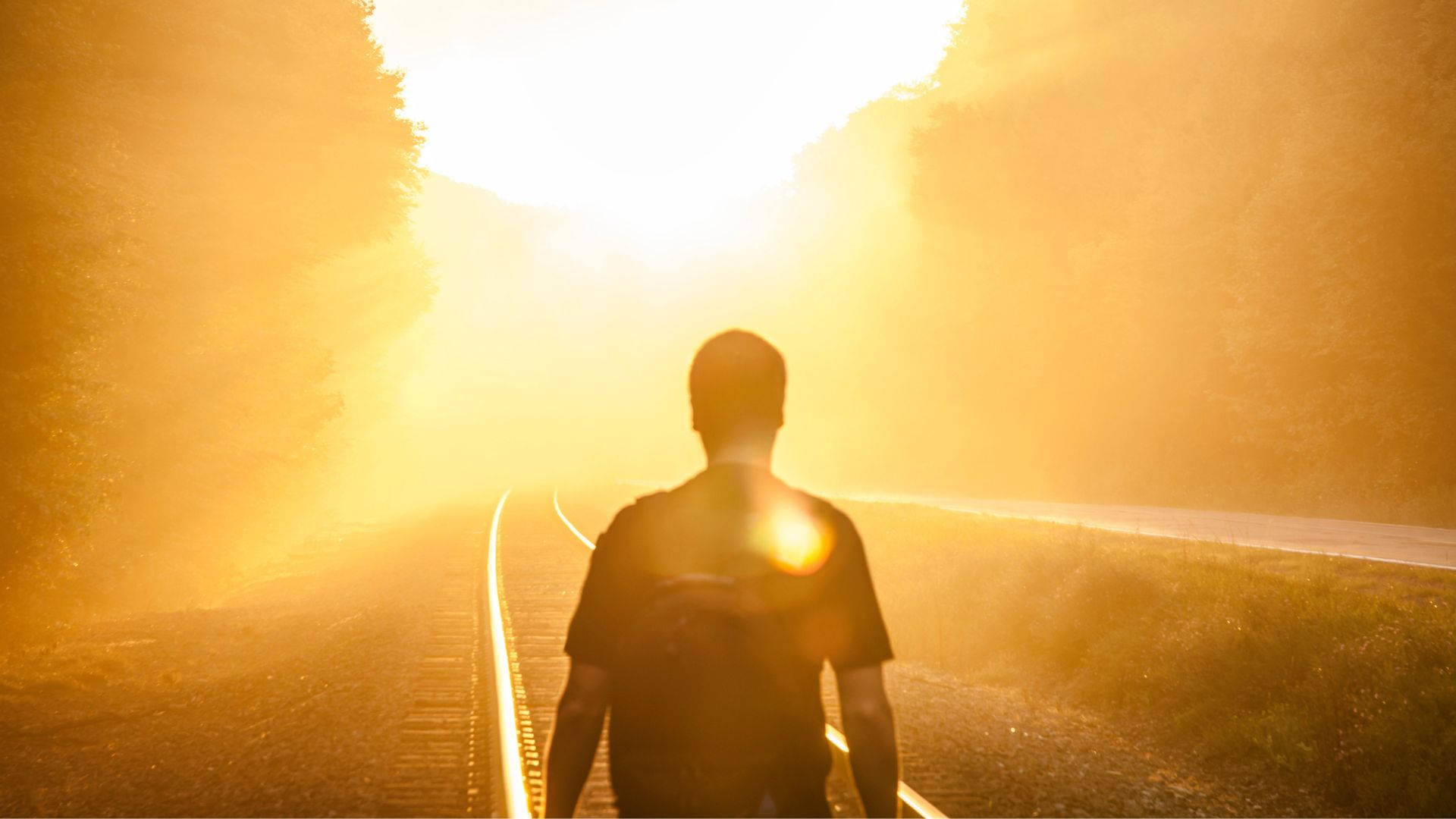 Road 桌布 壁紙 — 一個人沿著陽光明媚的鐵路軌道行走，兩旁樹木環繞，地平線迸發出金色光芒。