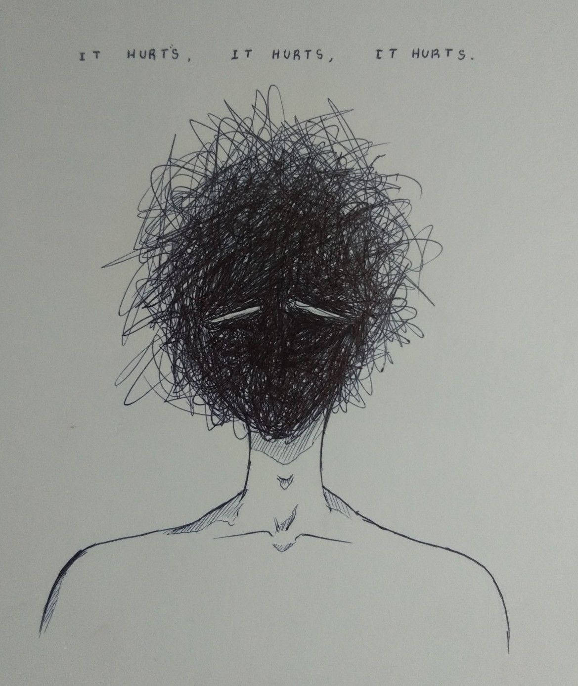 anxious 桌布 壁紙 — 一個人物上半身的極簡線條畫，用塗鴉的頭遮住臉，上面有文字 'IT HURTS, IT HURTS, IT HURTS'。