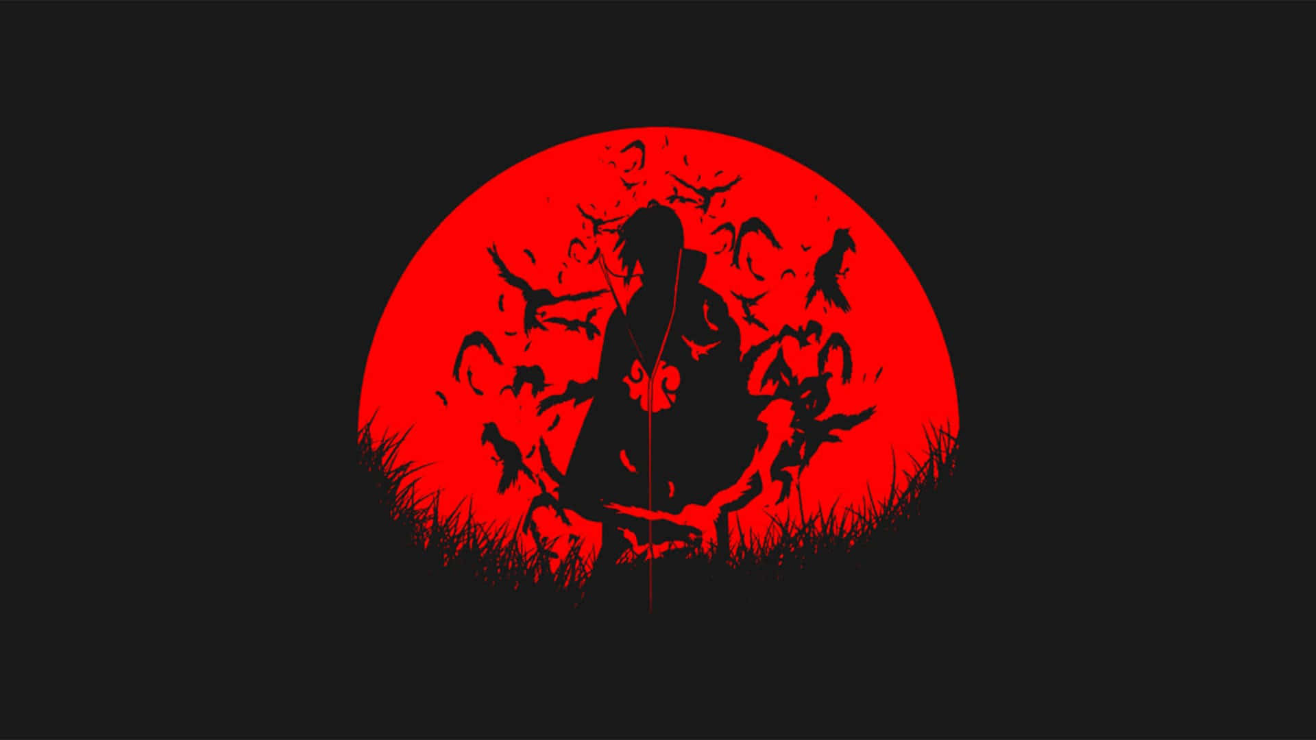 Naruto Black 桌布 壁紙 — 一個人物剪影，鳥兒在發光的紅色圓形背景周圍飛翔。