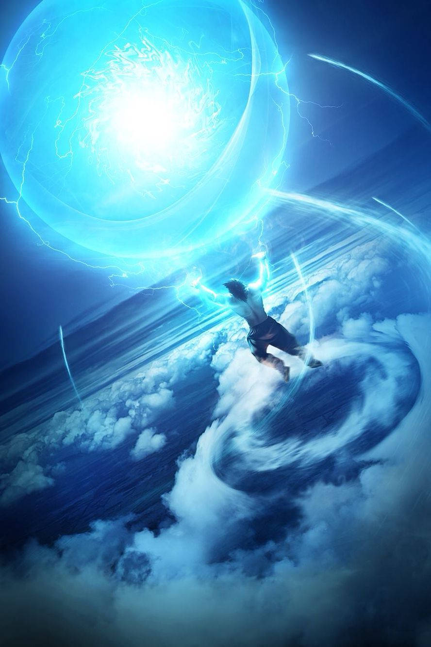 spirit 桌布 壁紙 — 一個人物在巨大發光藍色能量球（帶有閃電裂紋）下方，穿過旋轉的雲層翱翔。