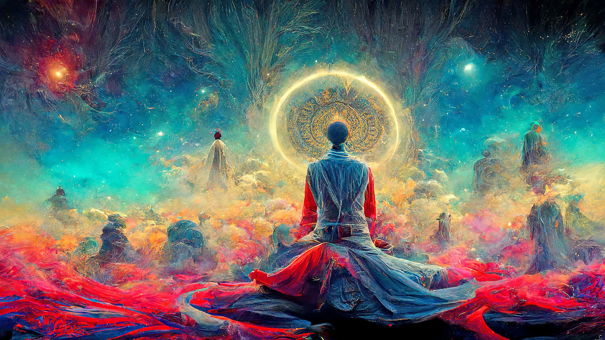 Spiritual Awakening 桌布 壁紙 — 一個人物在浮島和充滿活力的星雲的超現實景觀中，在發光的宇宙傳送門前冥想。