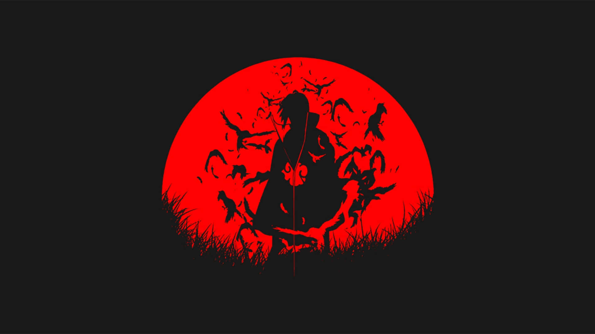 Akatsuki Naruto Shippuden 桌布 壁紙 — 一個人物的黑色剪影，鳥兒在他們周圍飛翔，背景是發光的紅色圓形。