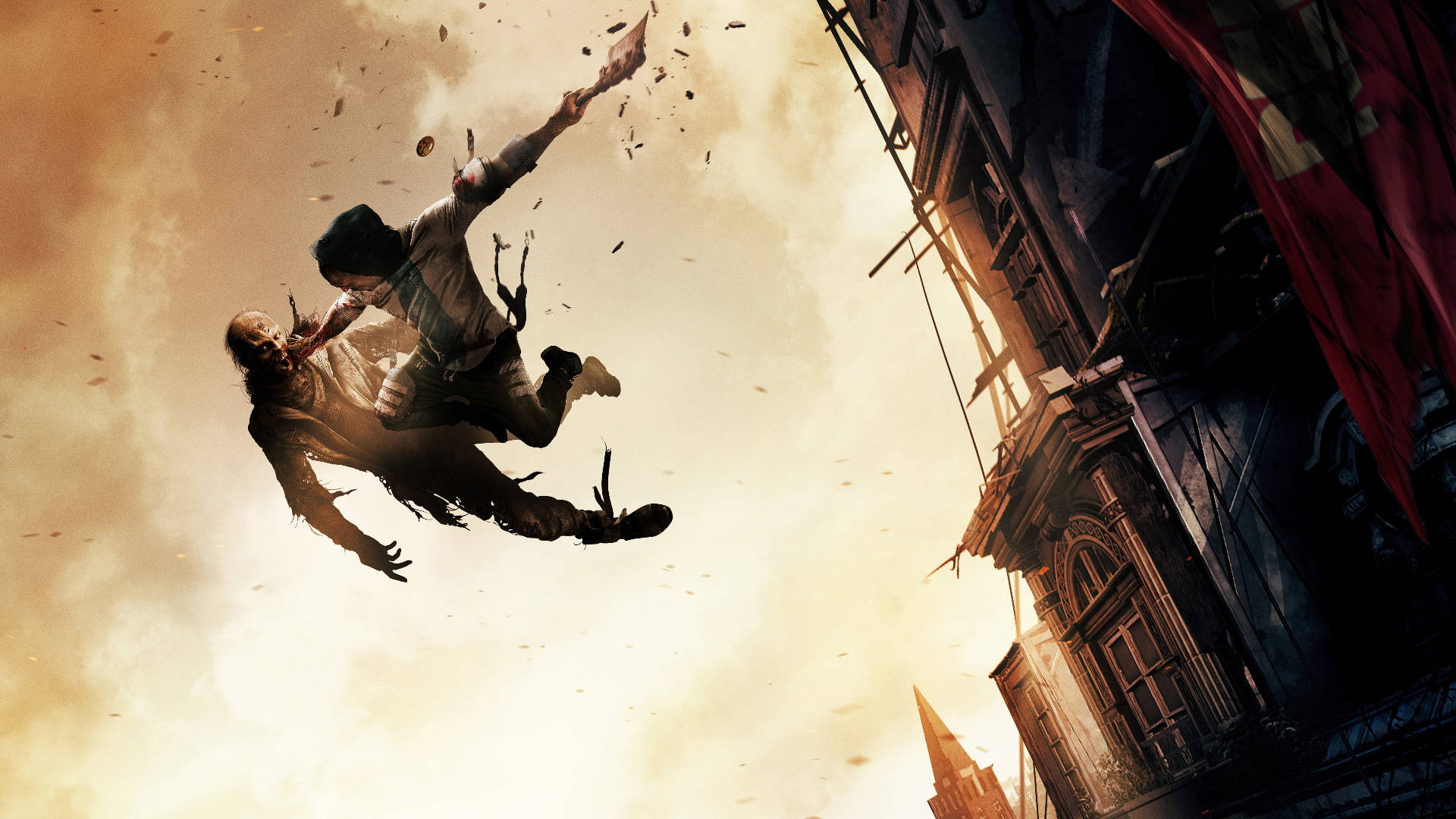 Dying Light 桌布 壁紙 — 一個人物緊抓著殭屍，在塵土飛揚的天空中墜落，下方是搖搖欲墜的哥德式建築。