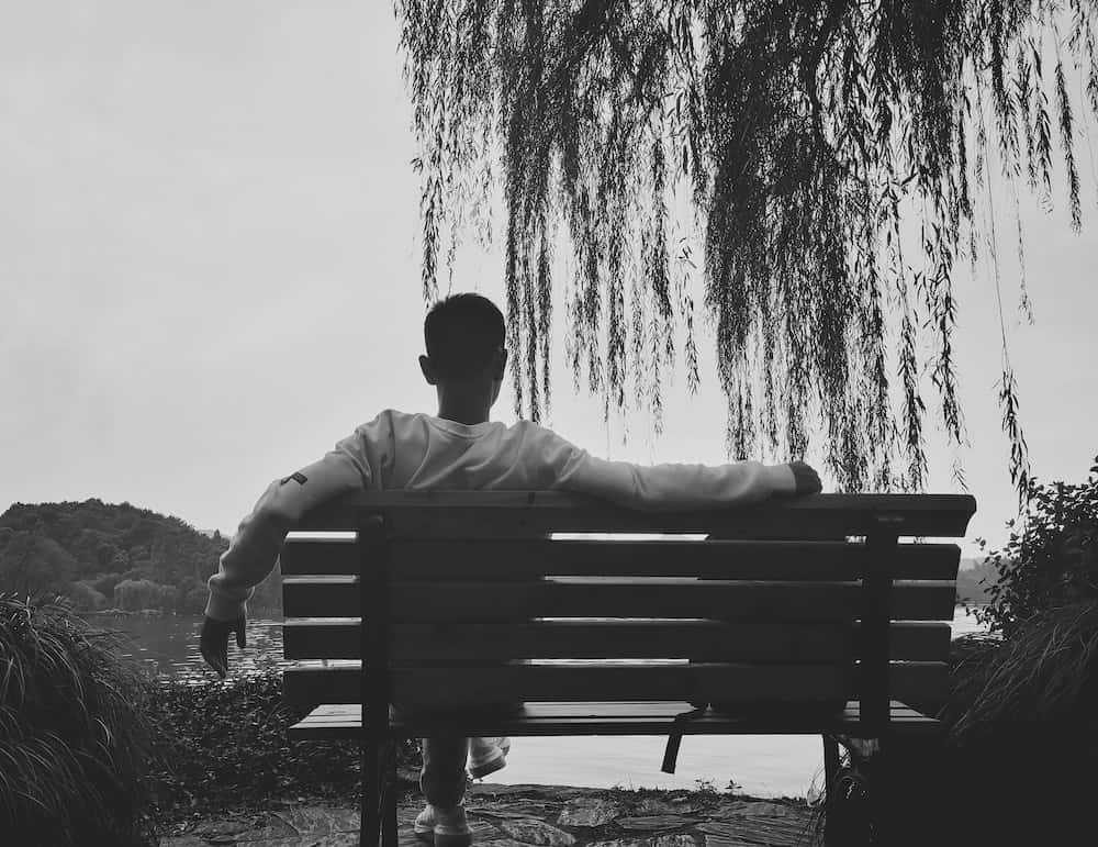 Sad Profile 桌布 壁紙 — 一個人獨自坐在垂柳枝下的長椅上，俯瞰平靜的湖泊，黑白單色。