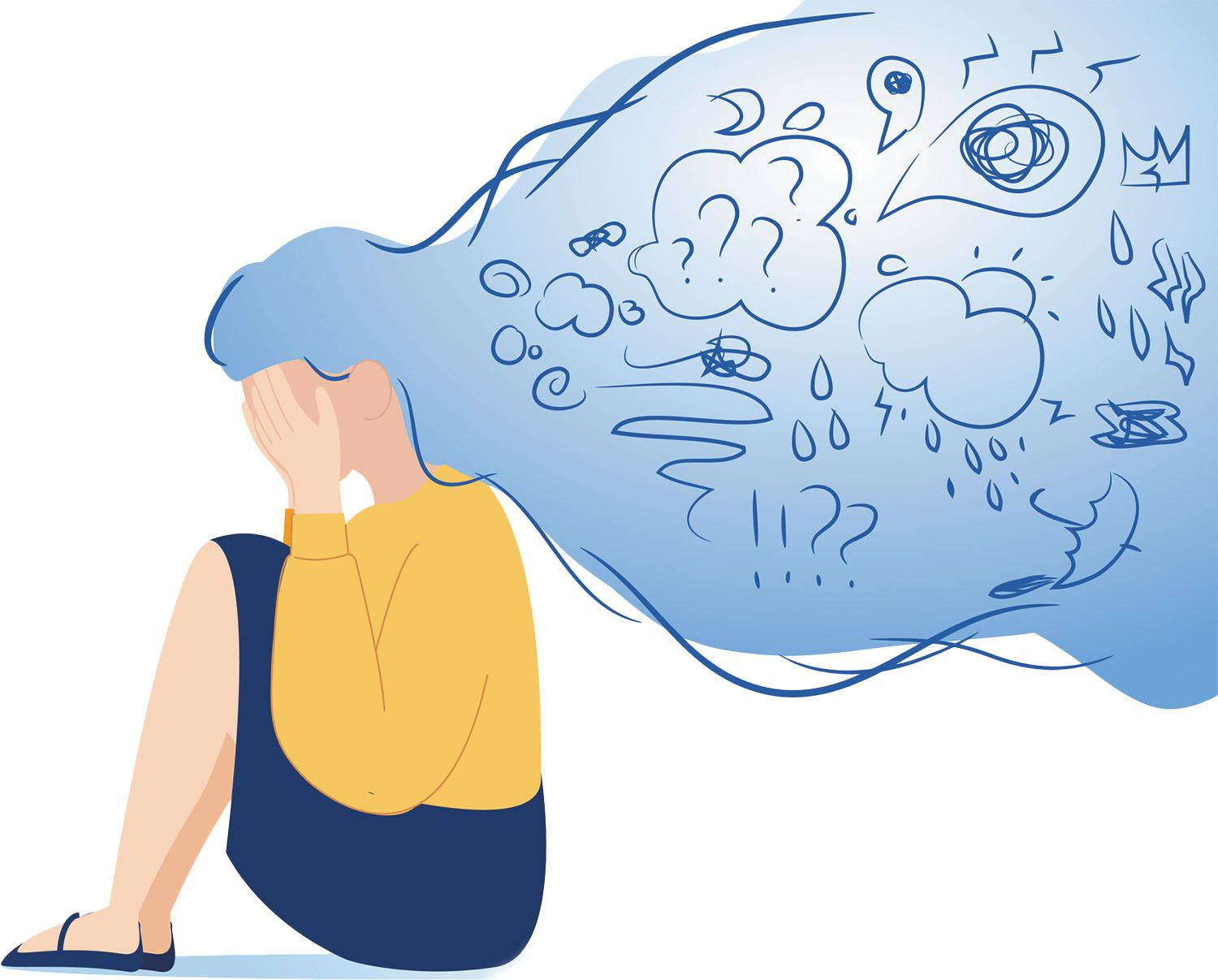anxious 桌布 壁紙 — 一個人痛苦地彎腰坐著，一個旋轉的藍色思想泡泡充滿了問號和風暴符號。