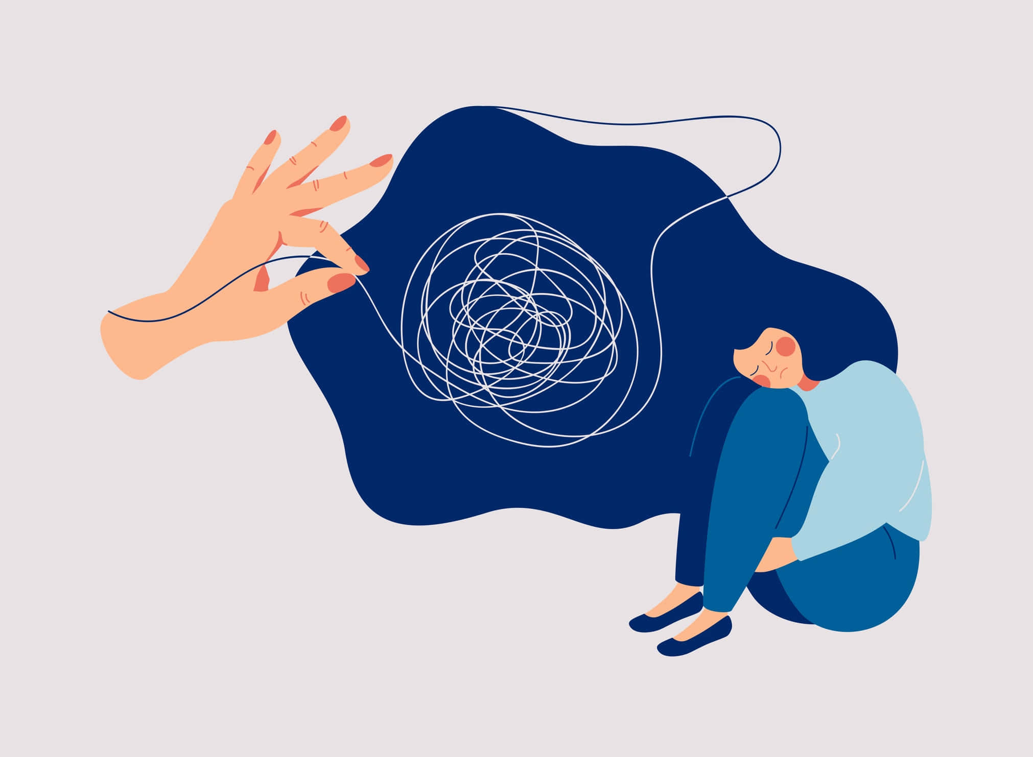 Depression Girl 桌布 壁紙 — 一個人痛苦地蜷縮著，一隻手從他們上方深藍色的雲中拉扯纏結的白線。