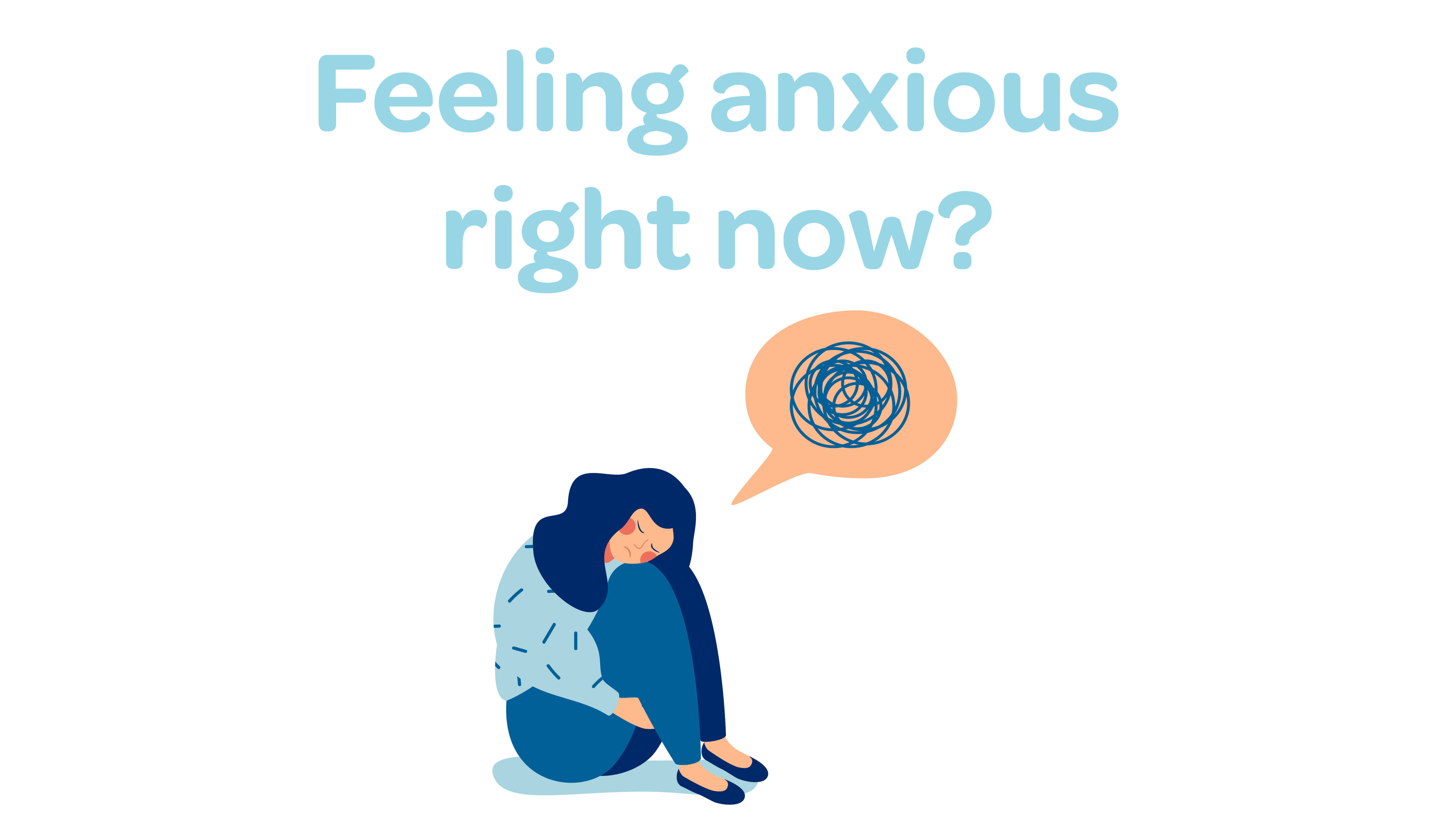 Anxiety 桌布 壁紙 — 一個人痛苦地蜷縮著坐著，上方有一個對話氣泡顯示糾結的線條，詢問他們此刻是否感到焦慮。
