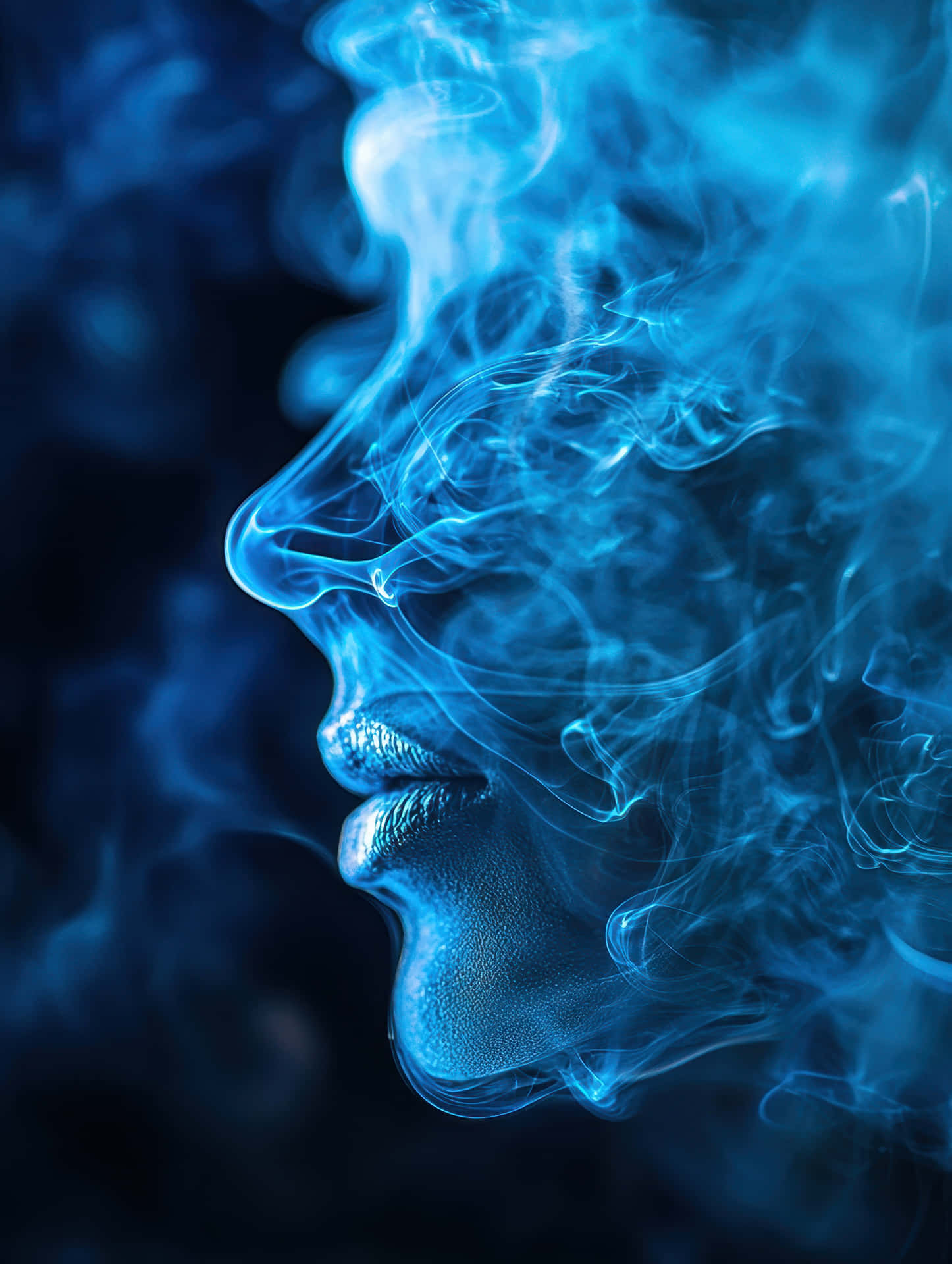 Abstract mysterious fantasy face shrouded in blue vapor and smoke 壁紙 — 一個人的側面從旋轉的藍色煙霧中浮現，背景為深色。