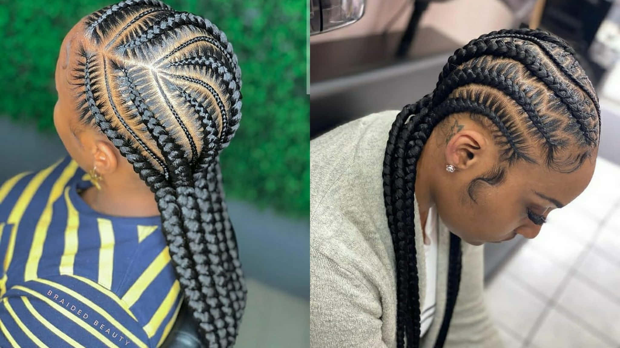 African Hair Braiding Styles 桌布 壁紙 — 一個人的兩個特寫鏡頭，擁有複雜的黑色和金色箱形辮，以幾何圖案造型。