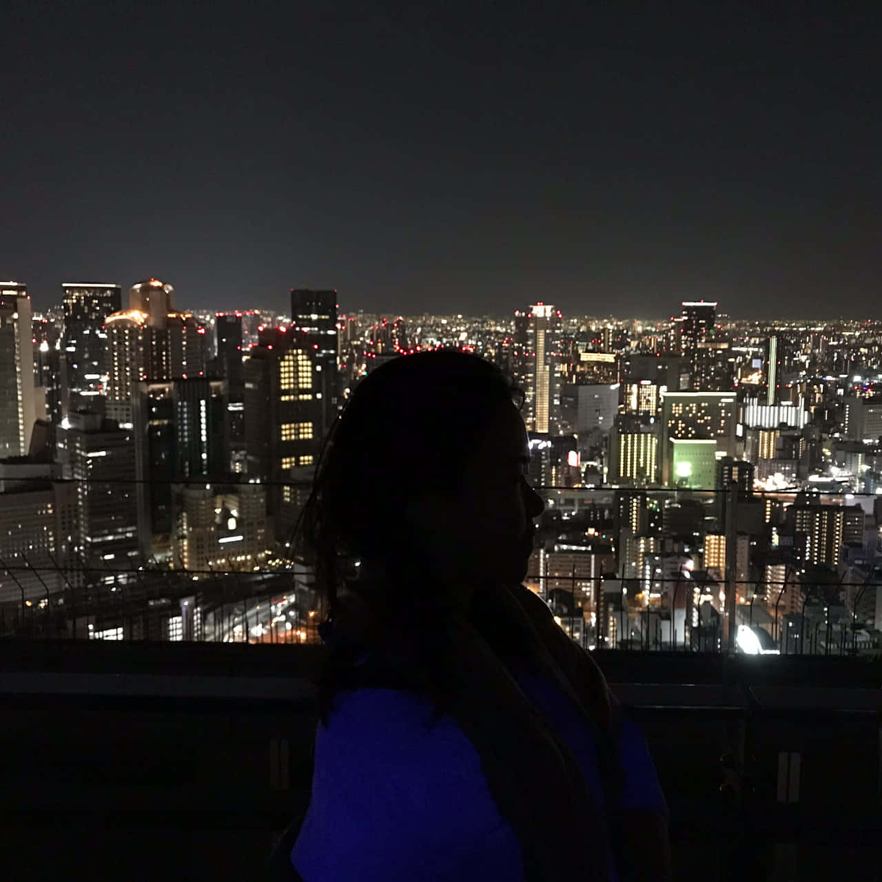 Silhouette 桌布 壁紙 — 一個人的剪影，凝視著在黑暗夜空下霓虹燈閃爍的廣闊城市景觀。
