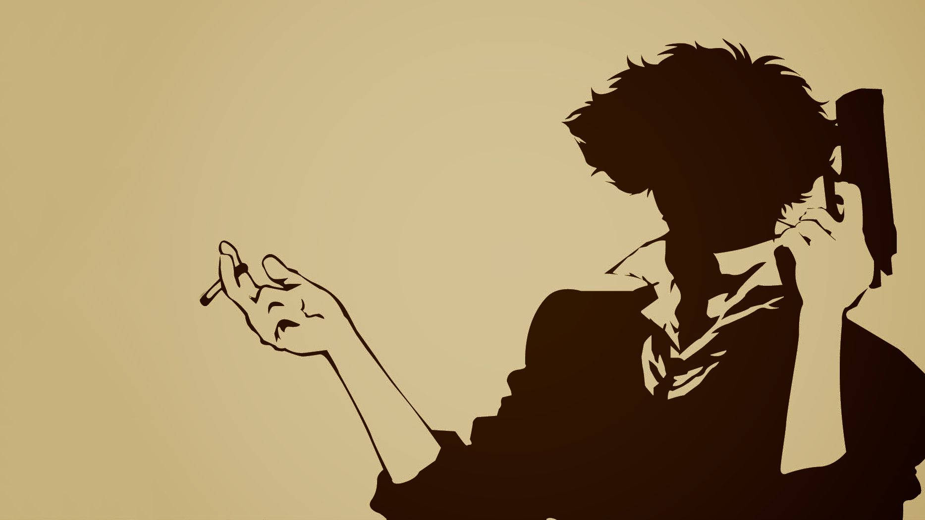Cowboy Bebop 桌布 壁紙 — 一個人的剪影，在米色背景前拿著一支煙和一把槍。