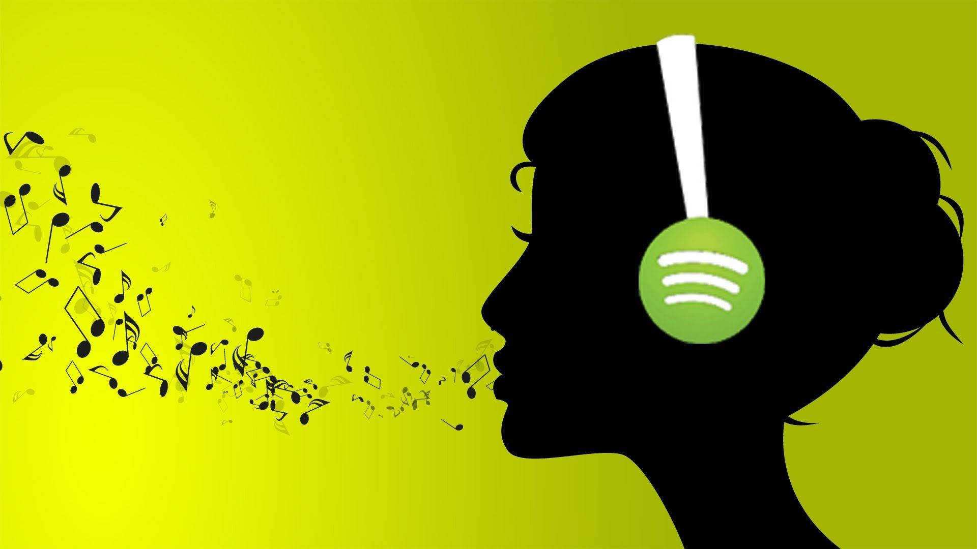 Spotify 桌布 壁紙 — 一個人的剪影，戴著Spotify耳機，音樂符號從口中流出，背景是充滿活力的萊姆綠色。