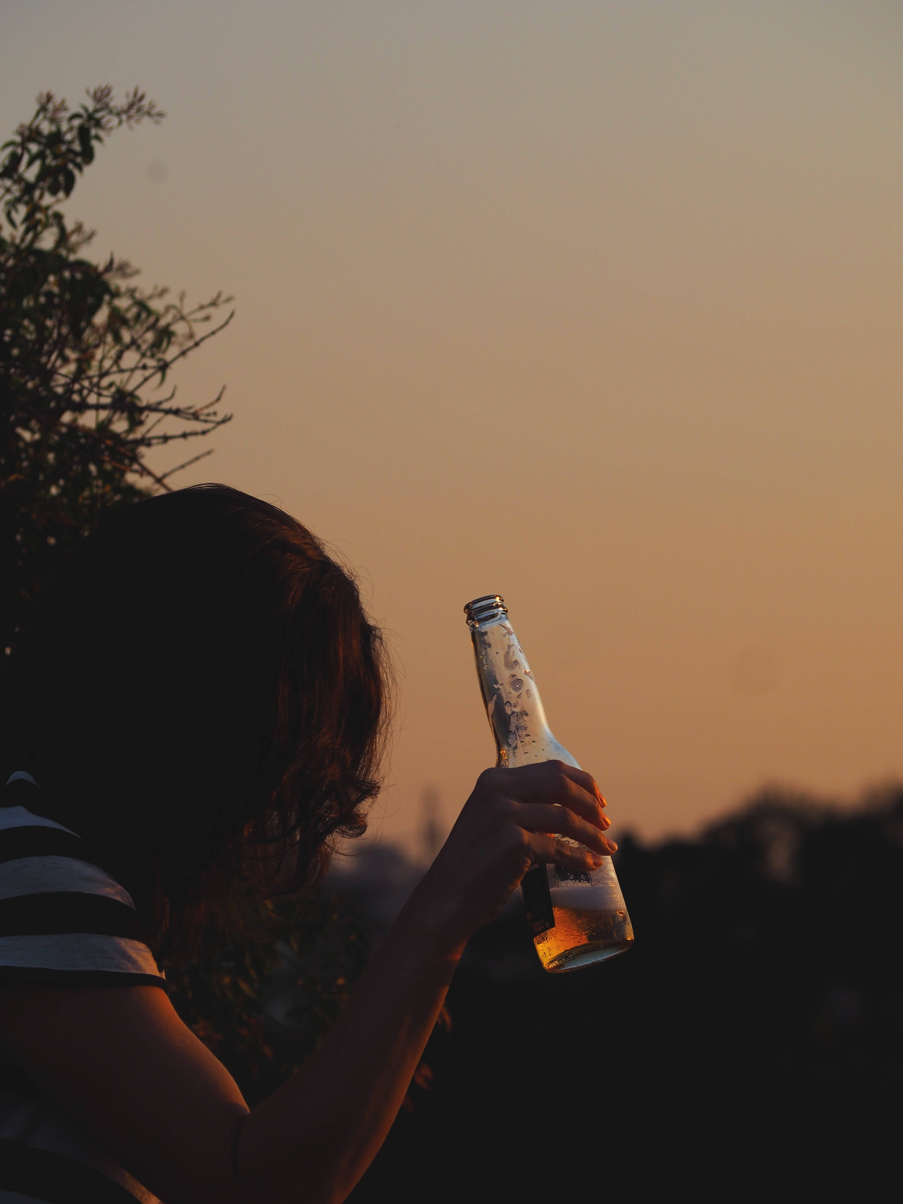 Beer 桌布 壁紙 — 一個人的剪影，手持啤酒瓶，背景是溫暖的日落天空，前景有樹枝。