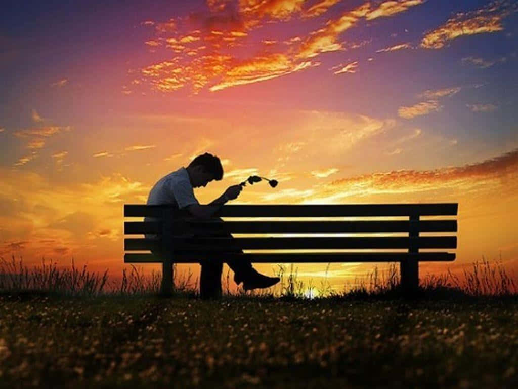 heartbreak 桌布 壁紙 — 一個人的剪影，獨自坐在公園長椅上，在日落時分手持一朵花，背景是充滿活力的橙色和紫色天空。