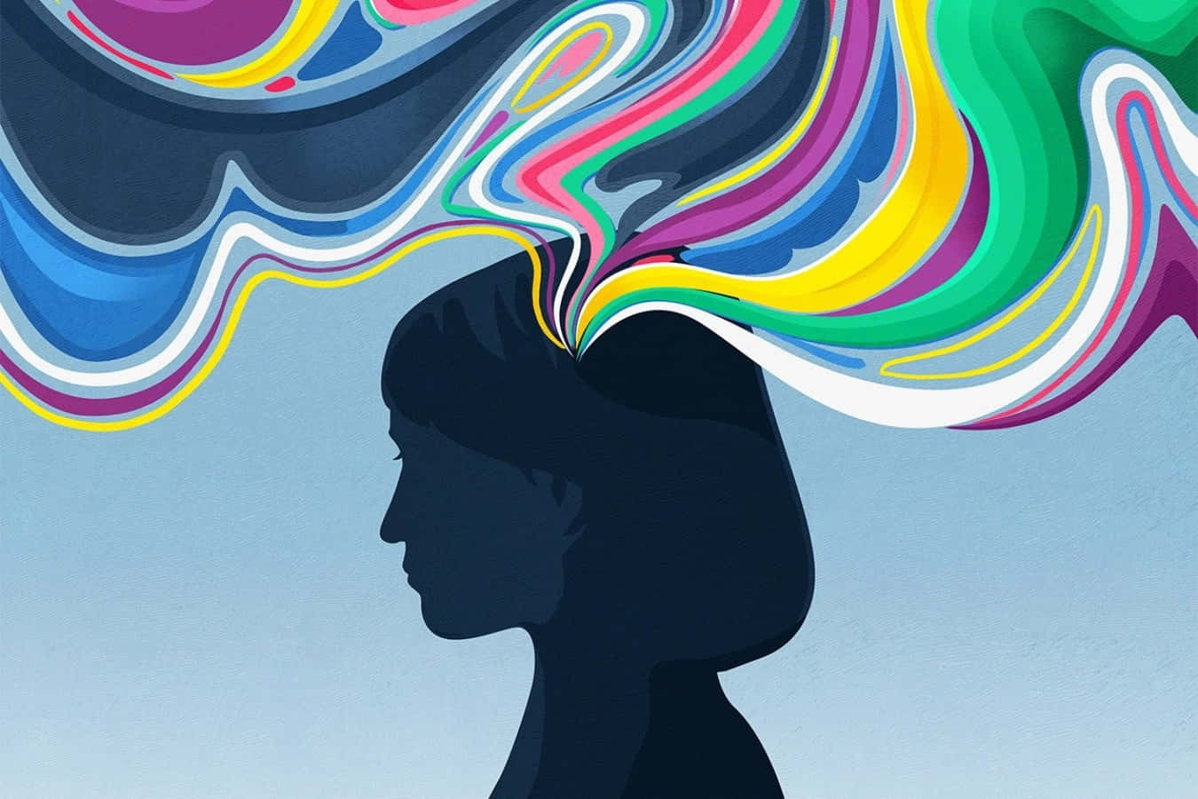 Thinking 桌布 壁紙 — 一個人的剪影，頭部迸發出鮮豔旋轉的迷幻色彩，背景是柔和的藍色。