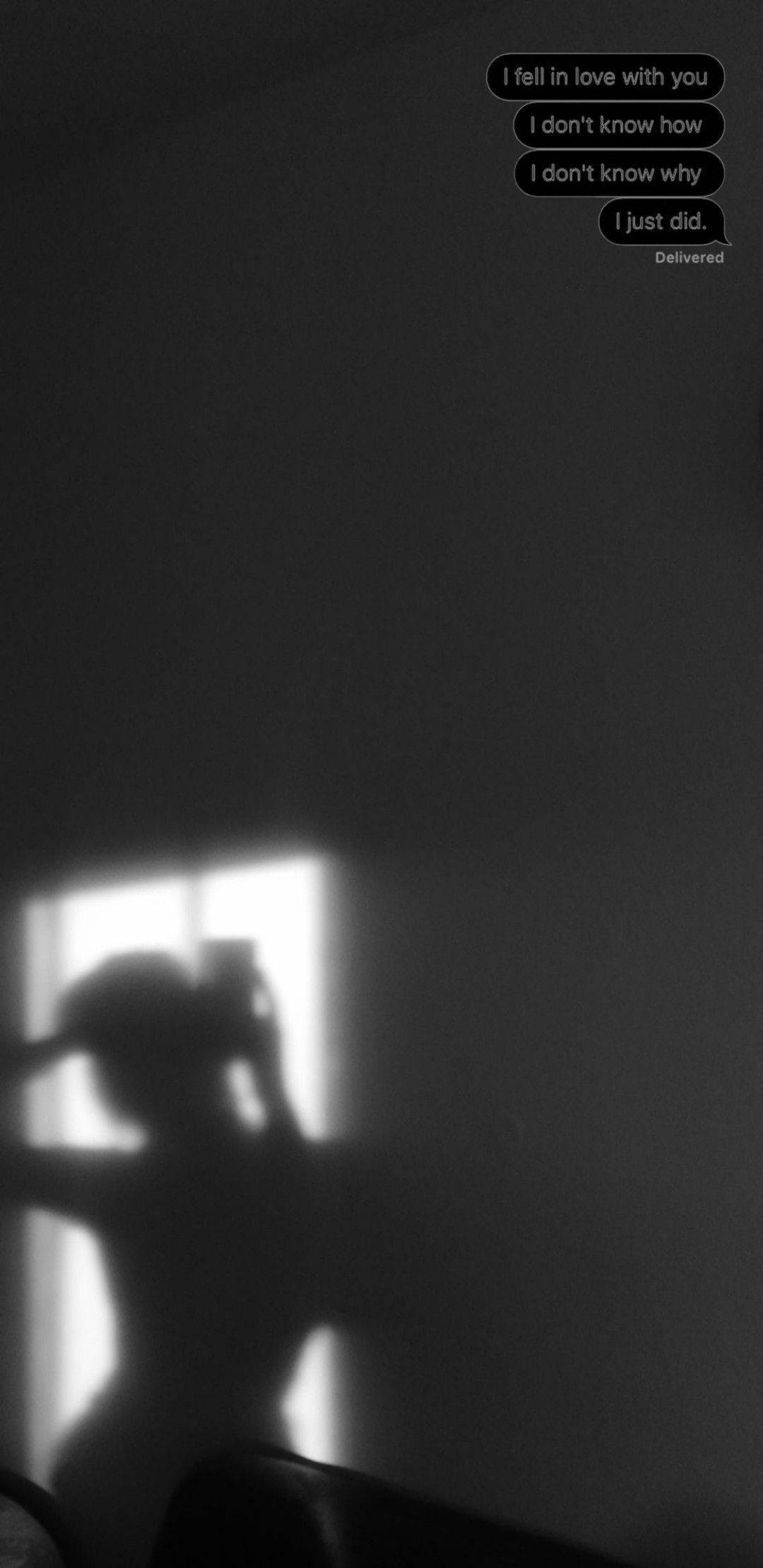 Aesthetic Black And White 桌布 壁紙 — 一個人的剪影在昏暗的房間裡，以窗戶背光自拍，上面覆蓋著文字氣泡，寫著「我愛上了你」和「我只是做了。」