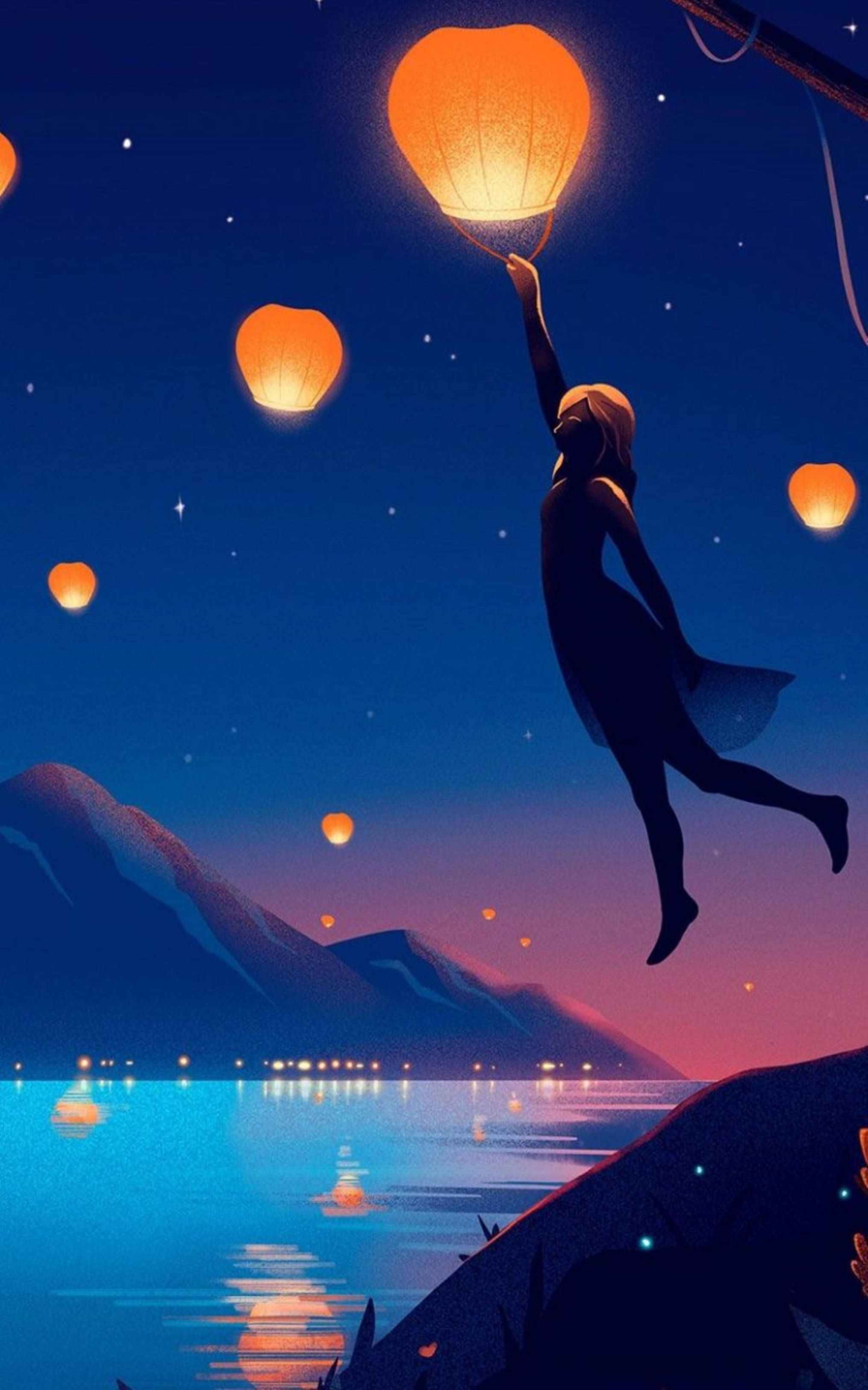  壁紙 — 一個人的剪影在黃昏時漂浮在星空湖上，將發光的燈籠釋放到暮色天空中。