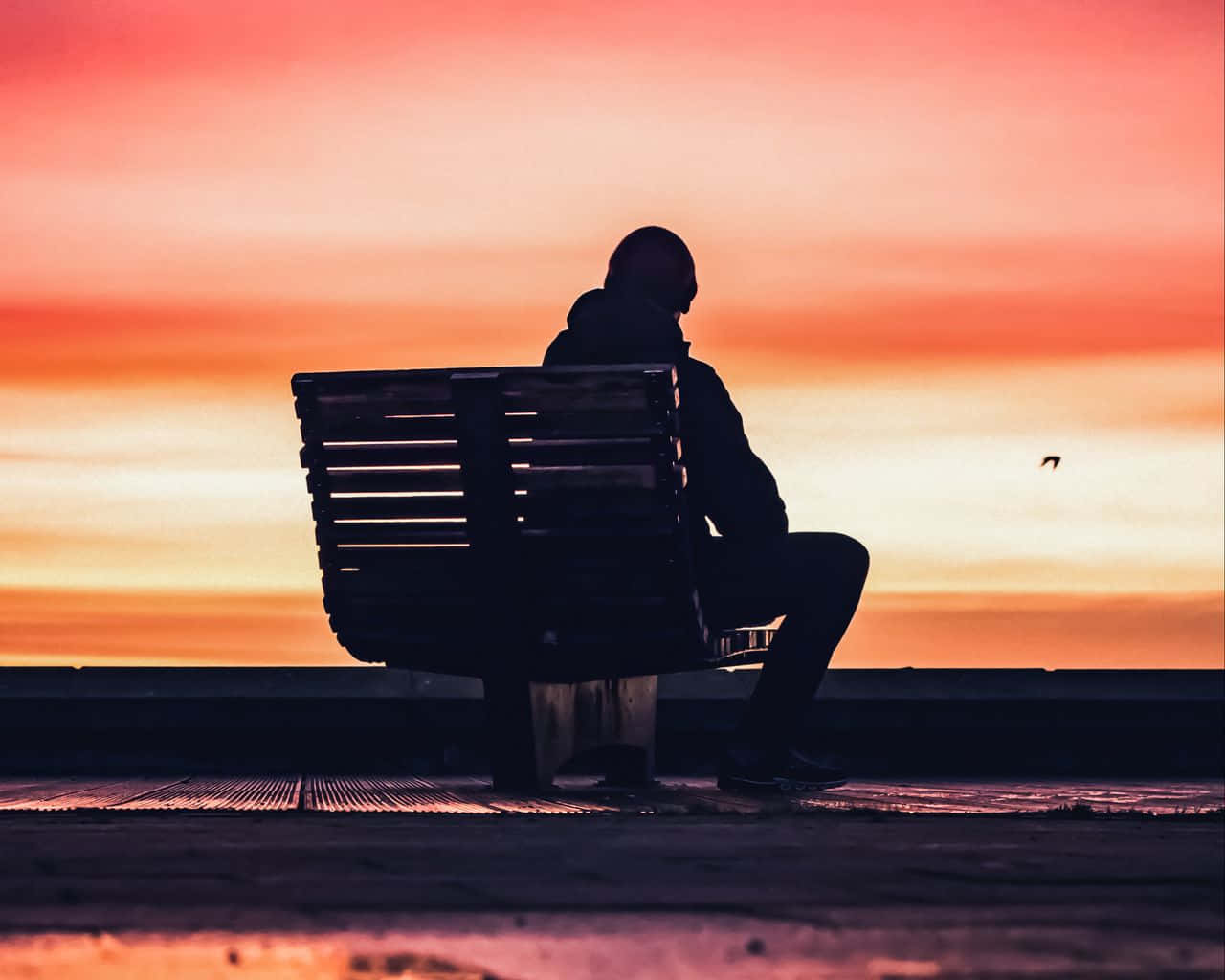 sadness 桌布 壁紙 — 一個人的剪影獨自坐在長椅上，夕陽西下，天空呈現鮮豔的橙色和粉紅色。