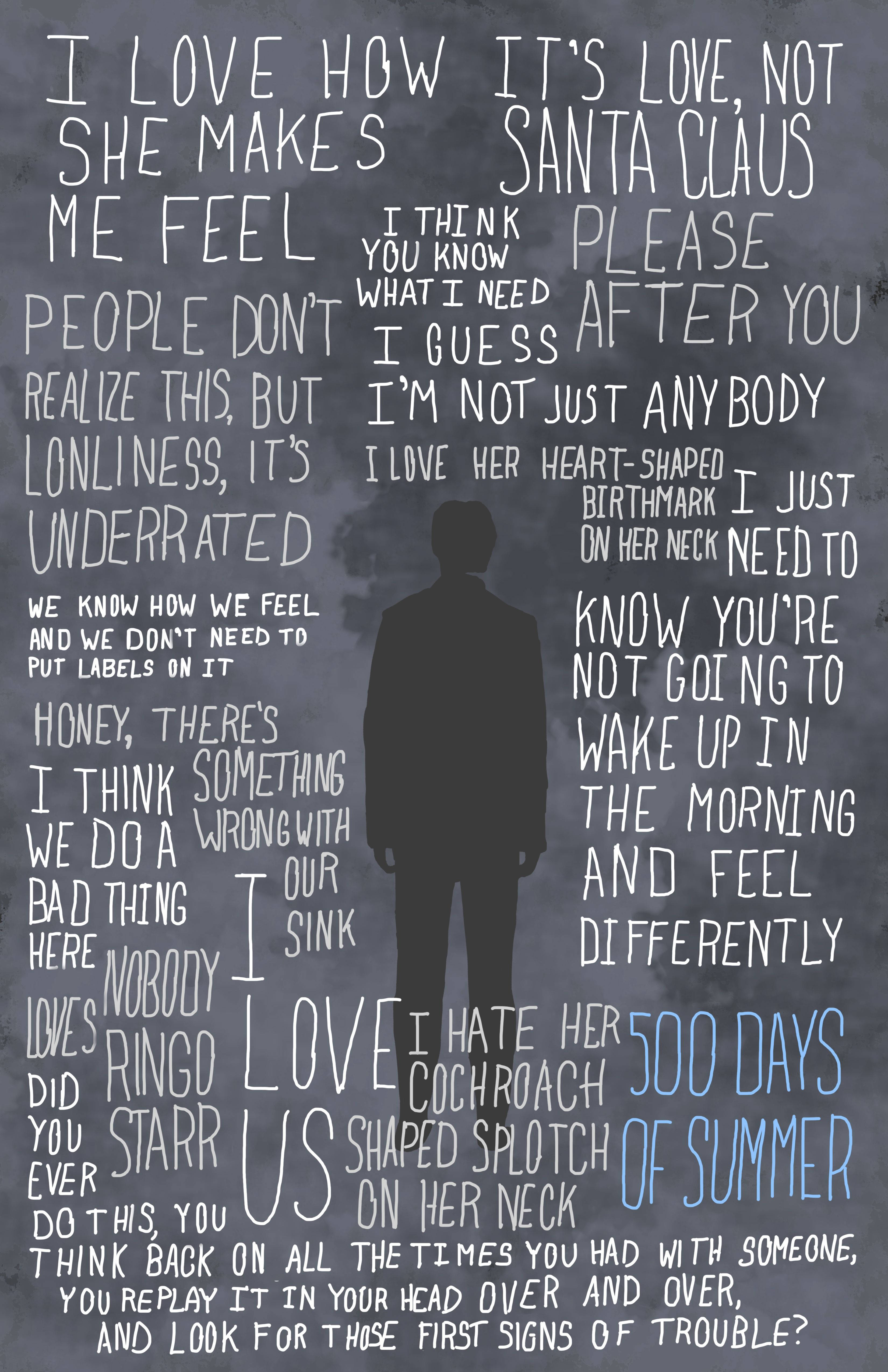 500 Days Of Summer 桌布 壁紙 — 一個人的剪影站在一塊充滿《戀夏500日》浪漫懷舊歌詞的黑板前面。