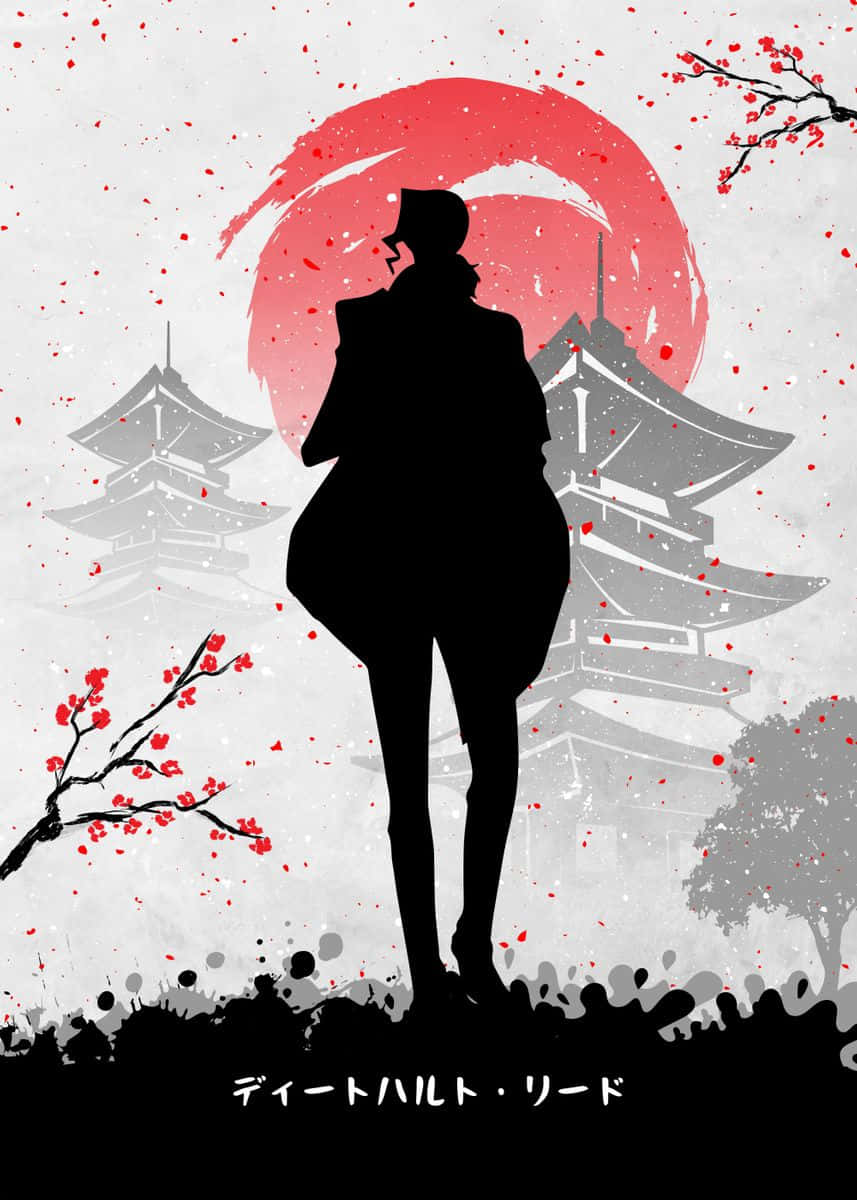 Diethard Ried 桌布 壁紙 — 一個人的剪影站在紅色太陽和傳統日本塔前面，有櫻花。