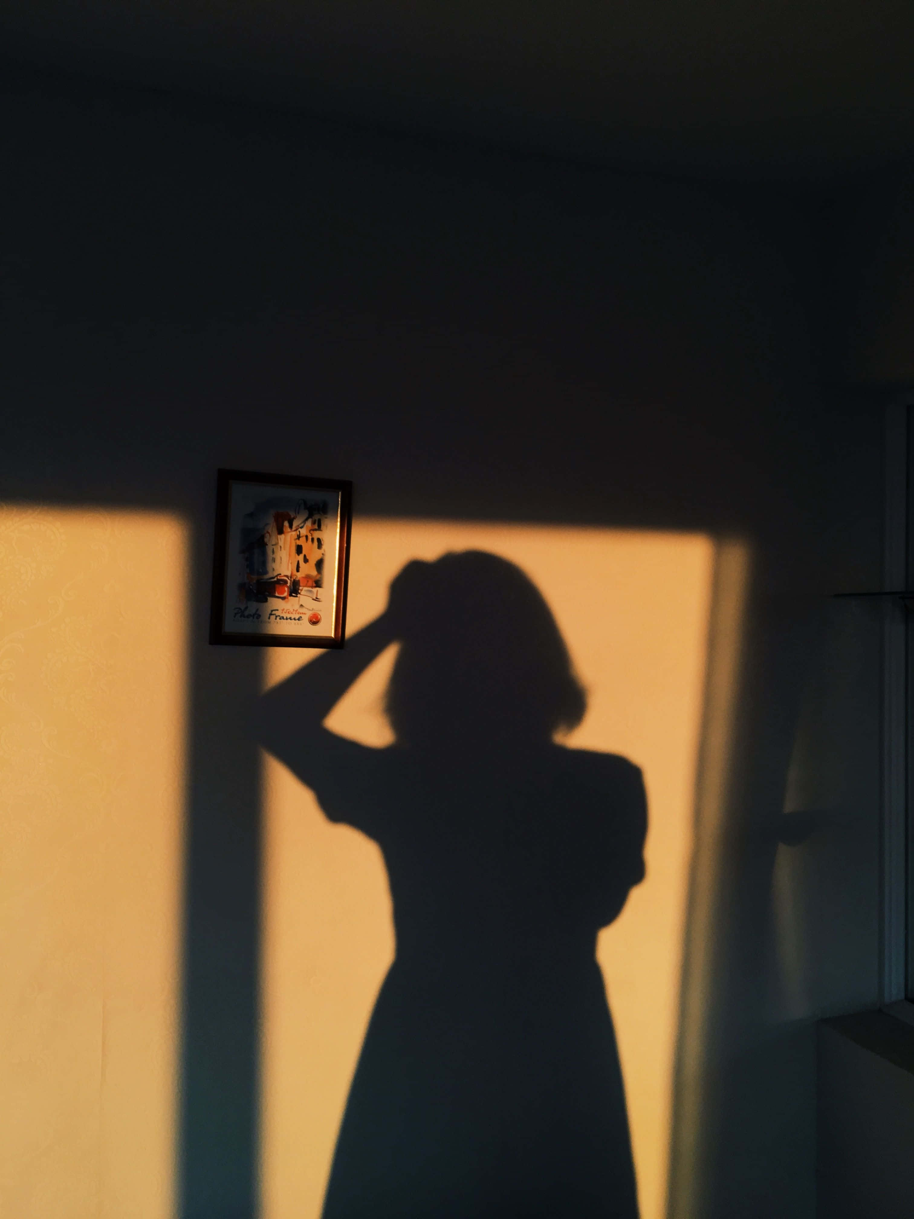 shadow 桌布 壁紙 — 一個人的剪影站在陽光中，在帶框的圖片旁邊的牆上投下長長的影子。