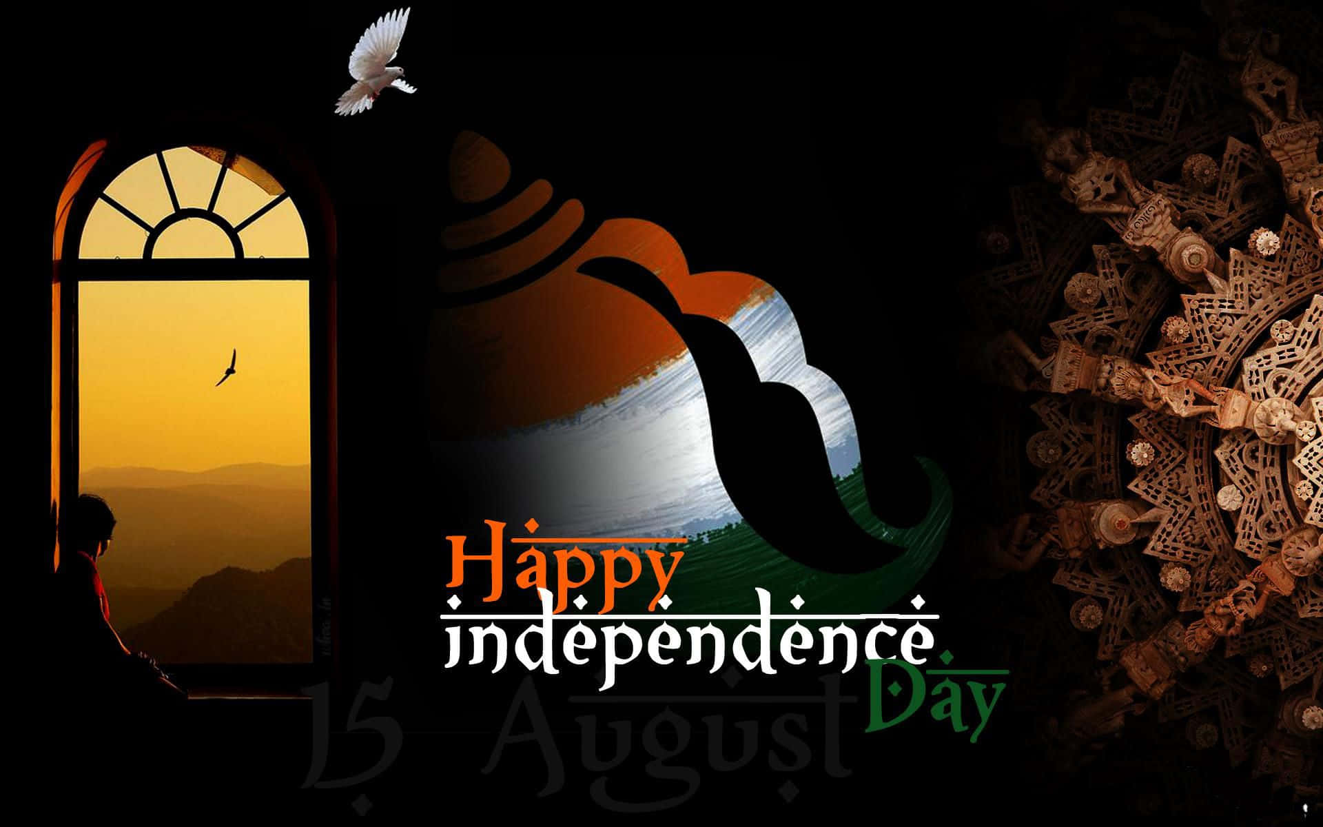 Independence Day 桌布 壁紙 — 一個人的剪影透過拱形窗戶凝視著山巒上金色的日落，一隻鴿子飛過風格化的印度國旗。