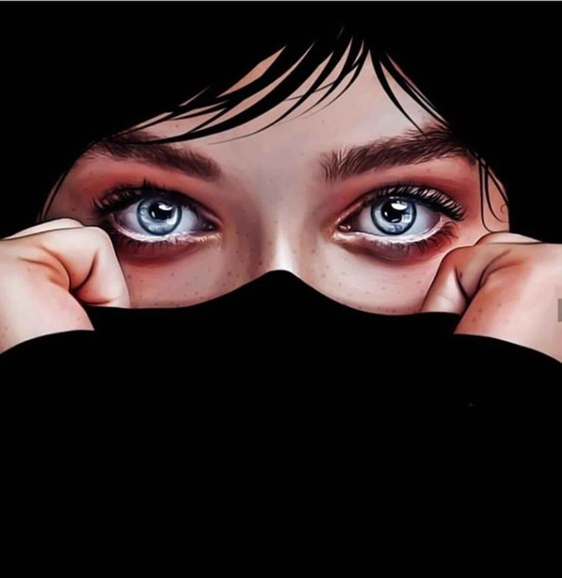 Illustration Art 桌布 壁紙 — 一個人的強烈藍色眼睛在黑色布料上方窺視，雙手握住布料的特寫。