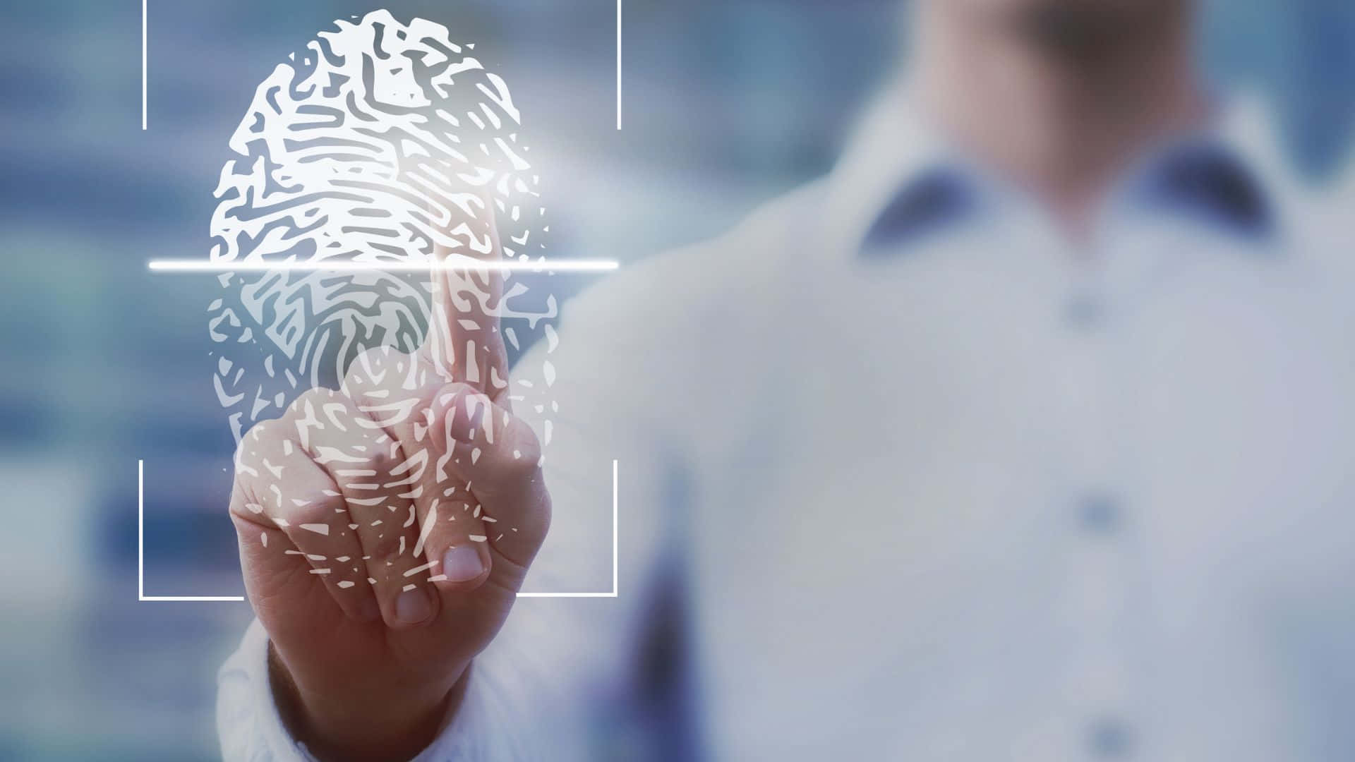 Fingerprint 桌布 壁紙 — 一個人的手指掃描一個發光的指紋讀取器，指紋上覆蓋著類似大腦的圖案。