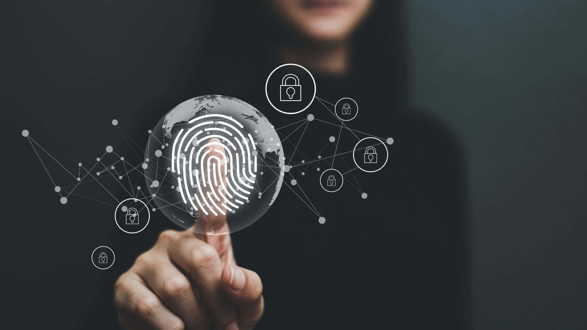 Fingerprint 桌布 壁紙 — 一個人的手指觸摸一個發光的地球，上面有指紋覆蓋層，周圍環繞著安全圖標。