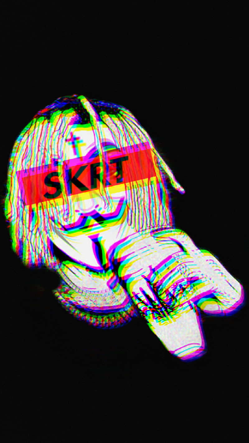 桌布 壁紙 — 一個人的故障數位肖像，臉上帶有「SKRT」文字，背景為黑色。