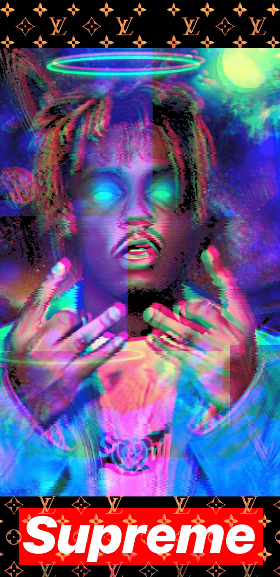 帶有發光眼睛和光環的故障藝術肖像， featuring Supreme 和 Louis Vuitton 標誌。 — Juice Wrld 壁紙