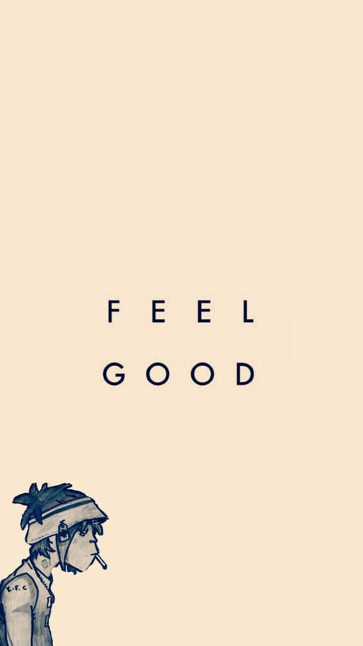 band 桌布 壁紙 — 一個人的極簡插圖，戴著帽子和香煙，文字 'FEEL GOOD' 居中在米色背景上。