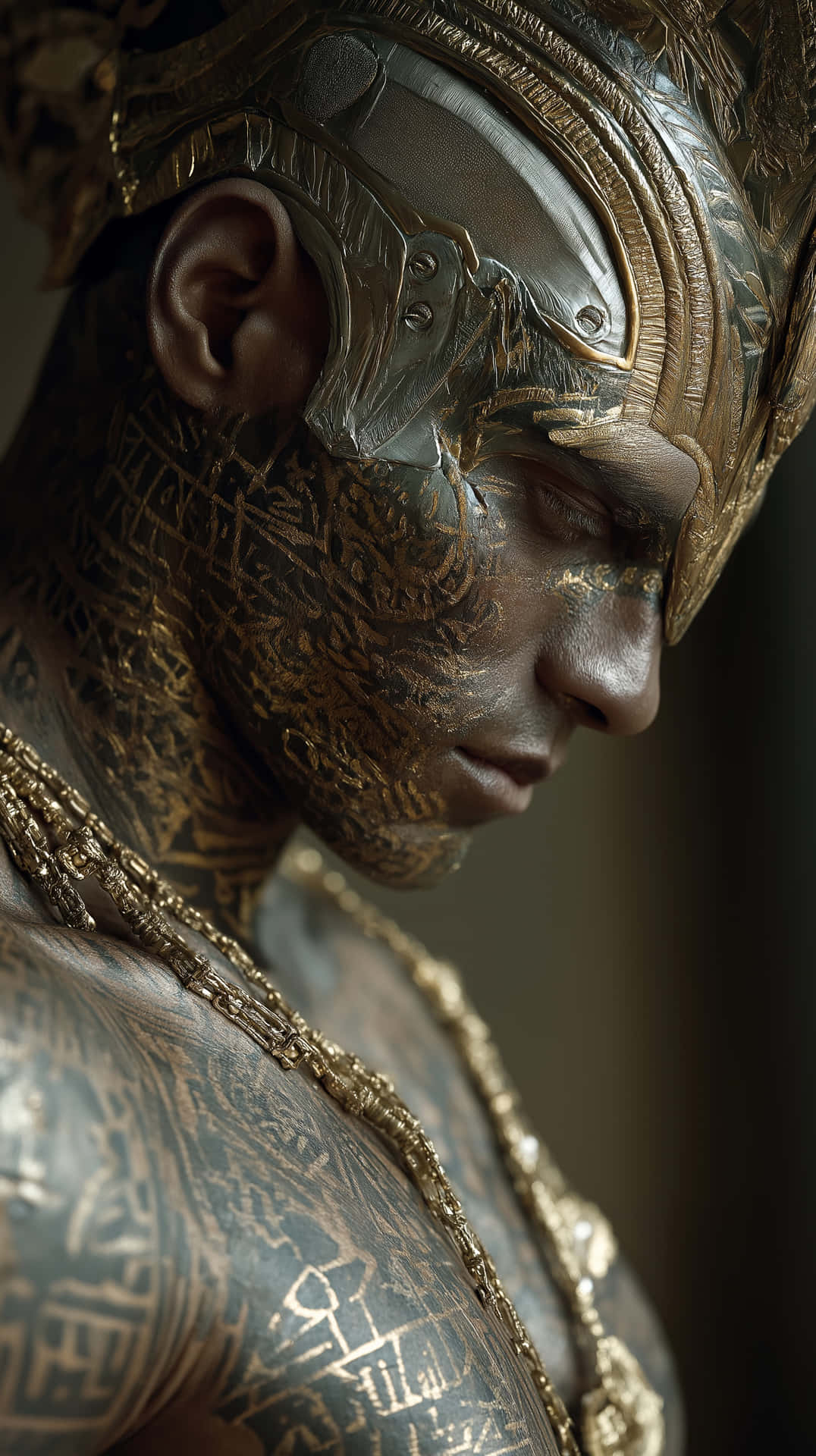 Mystical Egyptian Figure with Golden Hieroglyphic Tattoos 壁紙 — 一個人的特寫，帶有精緻的金色紋身和華麗的金屬頭飾，在柔和的燈光下。