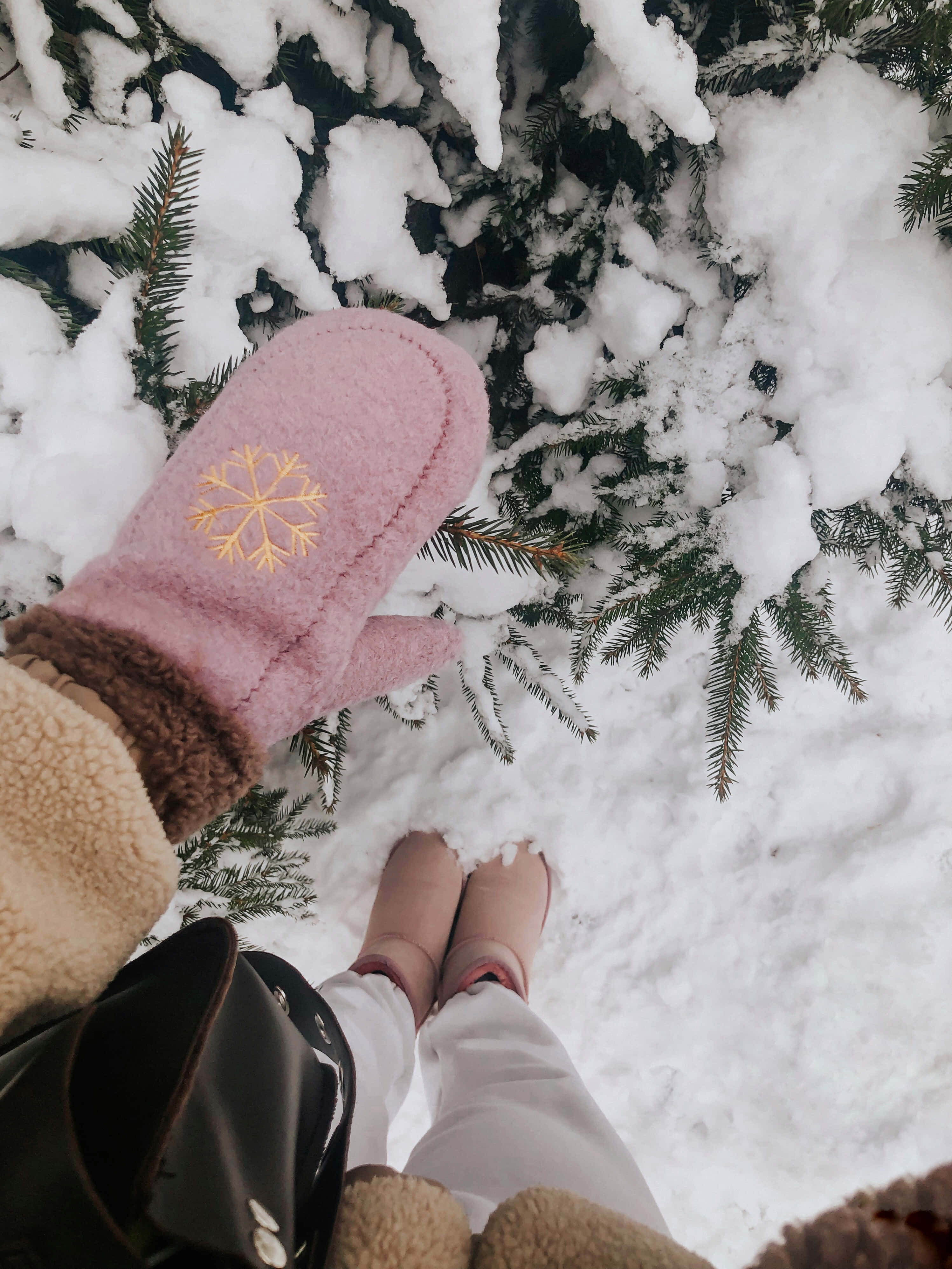 冬天 桌布 壁紙 — 一個人的粉紅色雪花手套和靴子站在冬季森林中積雪的常綠樹枝上。