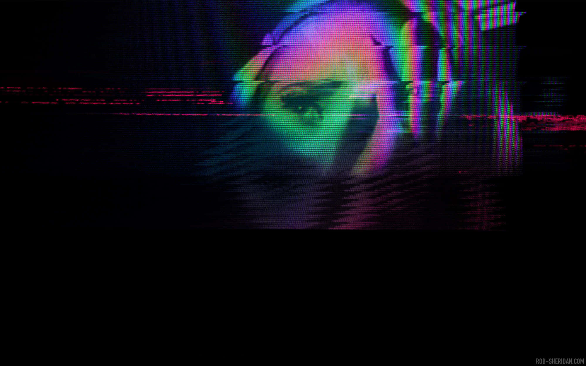 Glitch 桌布 壁紙 — 一個人的臉部故障數位肖像，帶有紅色和藍色靜態線條，在黑色背景上扭曲圖像。