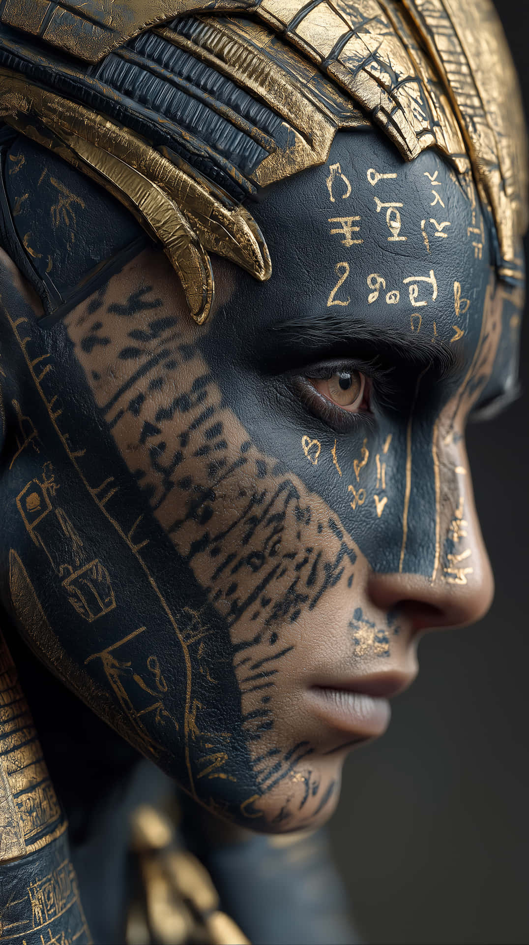 Captivating Ancient Egyptian Face with Golden Markings 壁紙 — 一個人的臉部特寫，塗成黑色，帶有複雜的金色象形文字和華麗的頭飾。