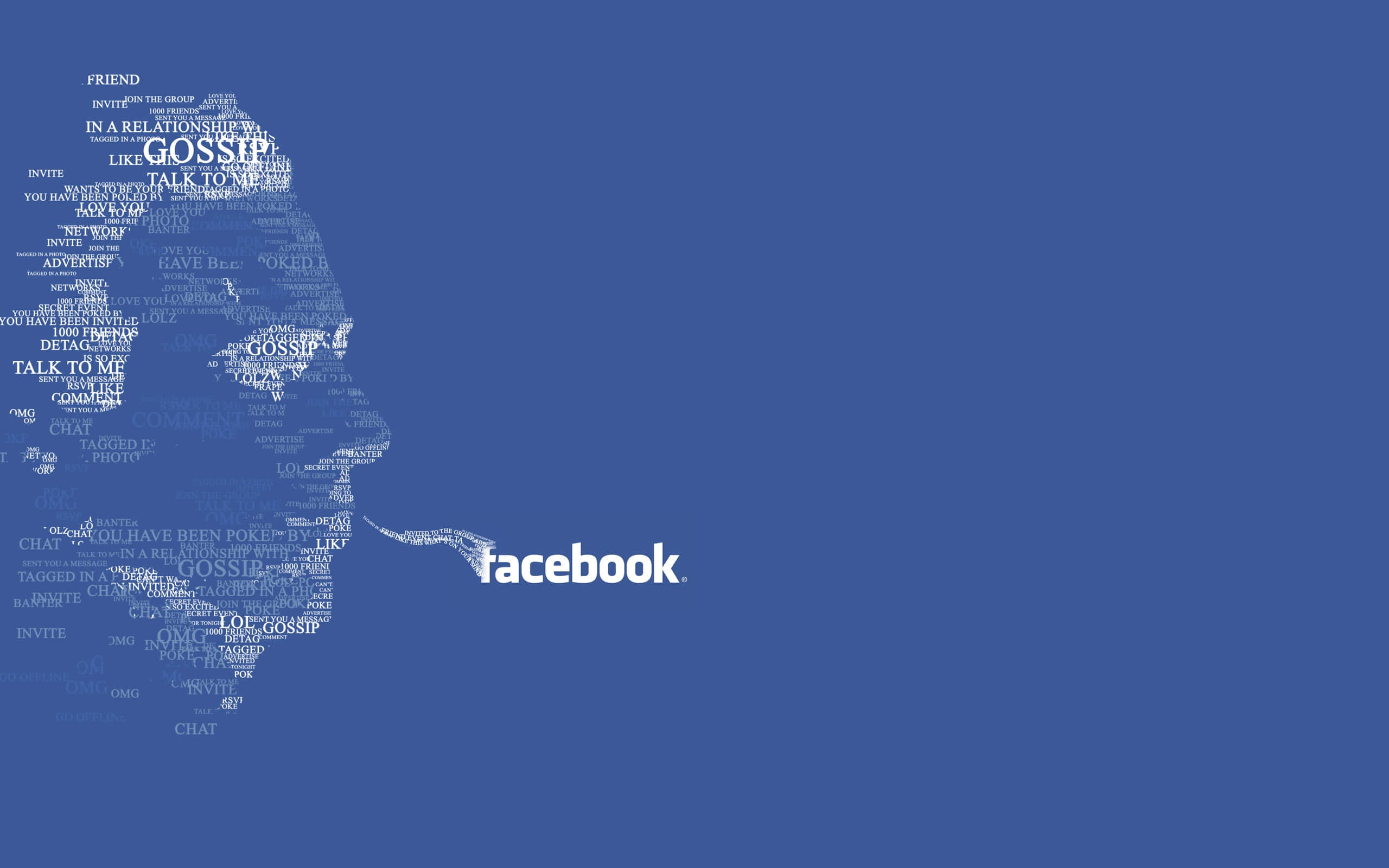 Facebook 桌布 壁紙 — 一個人的藍色剪影，由Facebook相關詞語（如八卦和邀請）組成，背景為純藍色。