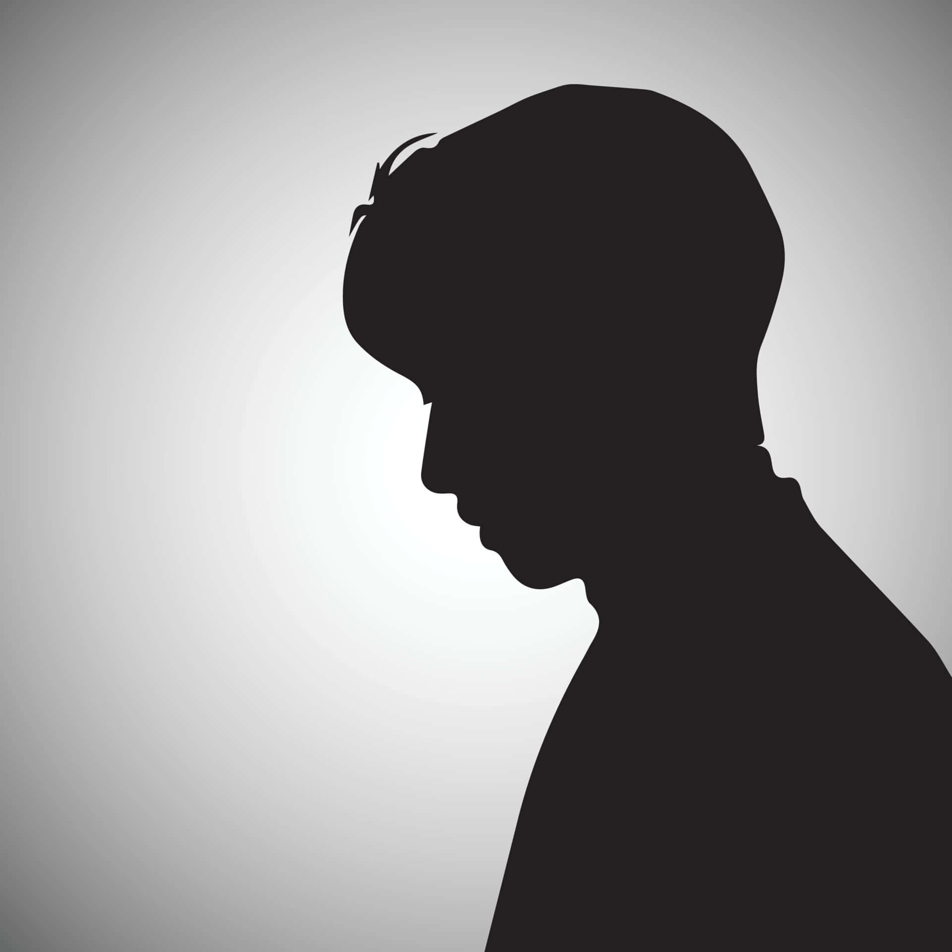 Sad Profile 桌布 壁紙 — 一個人的頭部側面輪廓的鮮明黑色剪影，背景為柔和的灰色漸變。