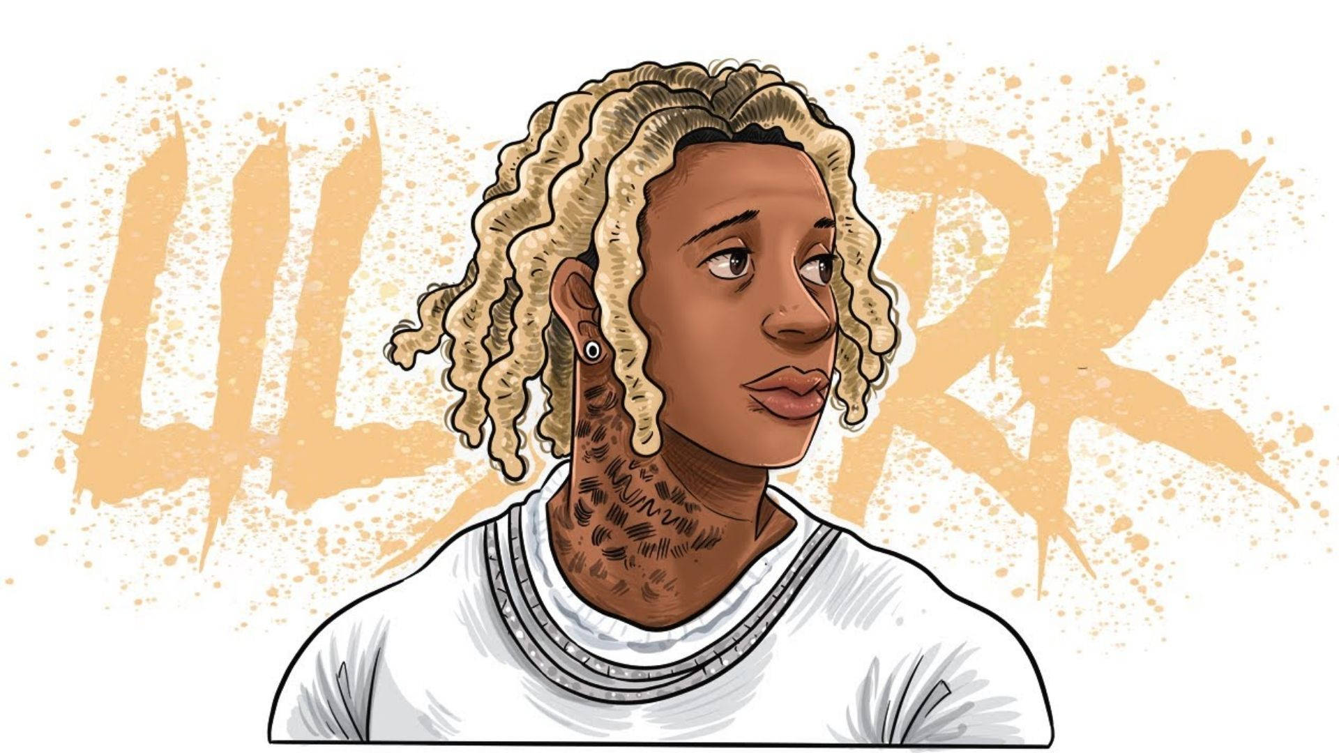 Lil Durk 桌布 壁紙 — 一個人的風格化插圖，擁有捲曲金髮和頸部刺青，背景為橙色潑濺效果，帶有粗體字樣。