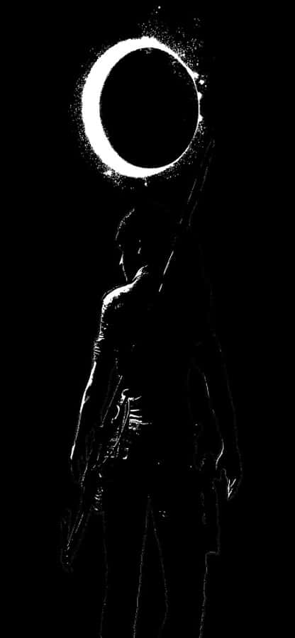 Lara Croft 桌布 壁紙 — 一個人的鮮明剪影，在黑色虛空中手持發光環。