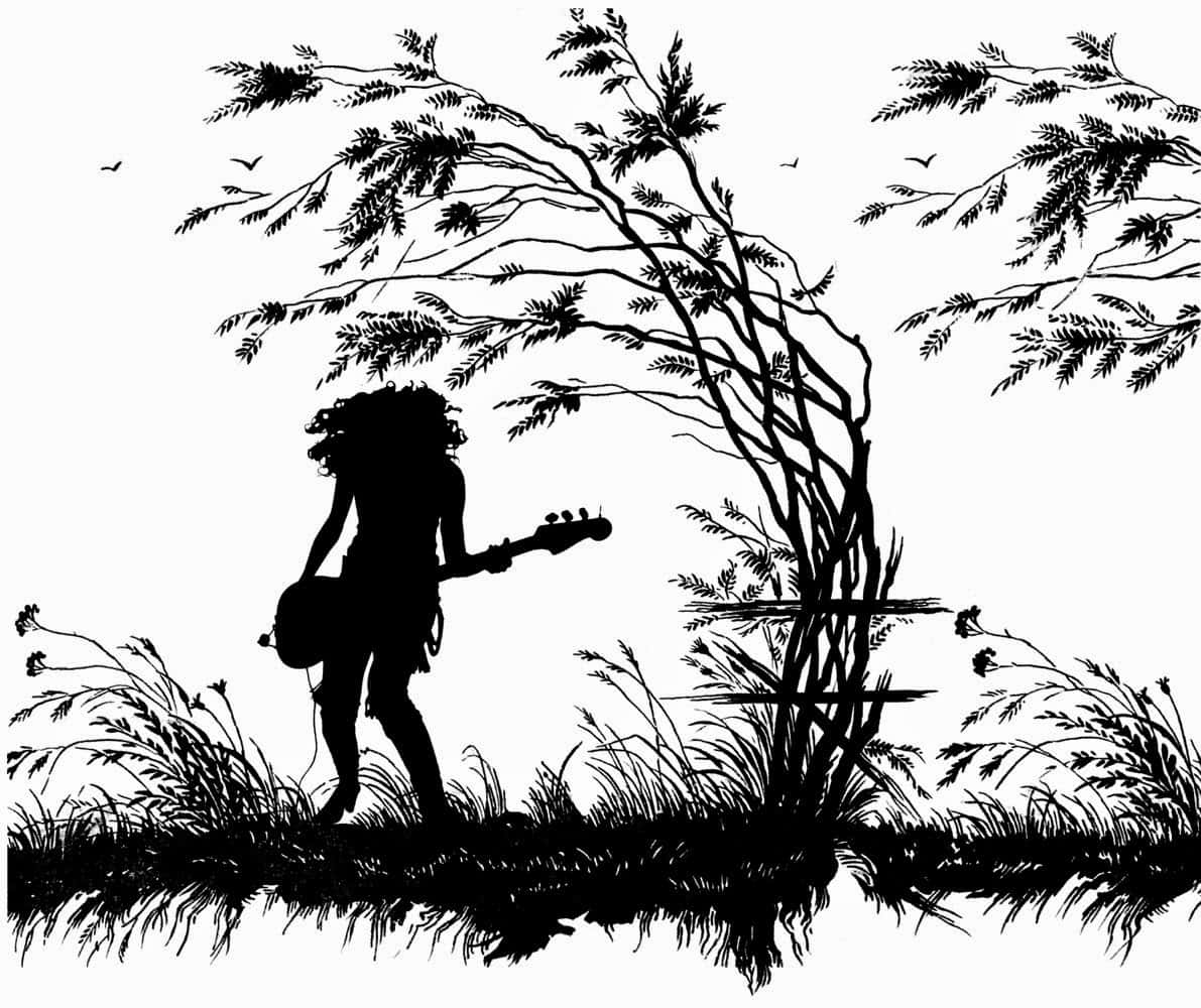 Silhouette 桌布 壁紙 — 一個人的黑色剪影，手持吉他，站在高草叢中，旁邊有一棵樹，鳥兒在頭頂飛翔。