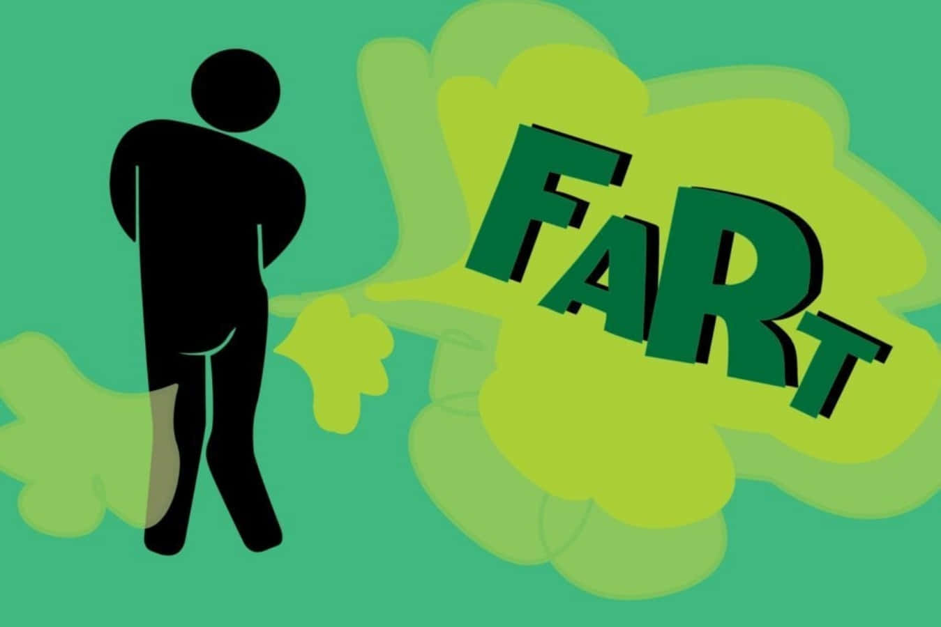 Fart 桌布 壁紙 — 一個人的黑色剪影，散發出綠色雲霧，並帶有粗體3D字樣的FART字樣。