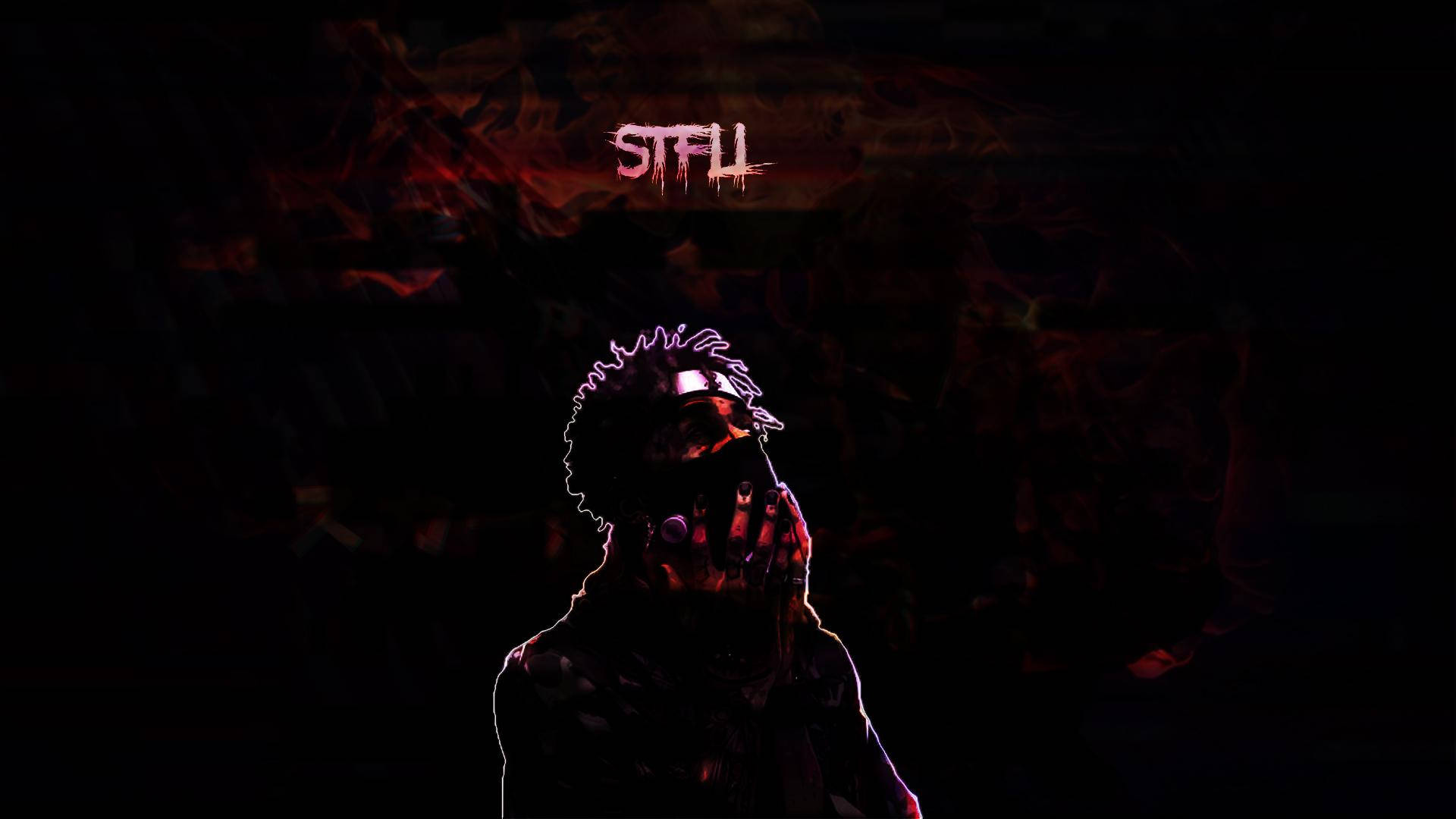 Scarlxrd 桌布 壁紙 — 一個人的黑色剪影，頭髮尖刺，眼睛發光，背景是火紅和黑色，上方有STFLL字樣。
