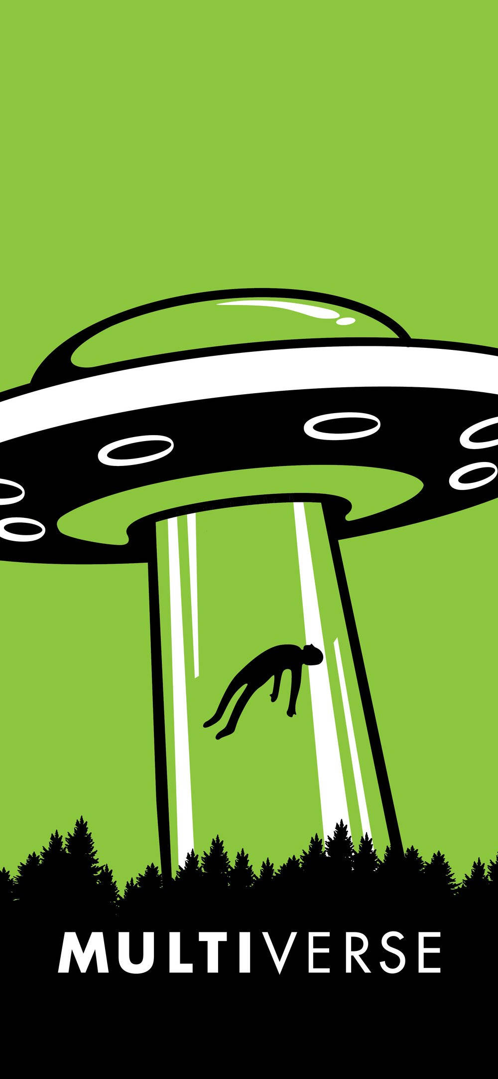 Cool Alien 桌布 壁紙 — 一個人的黑色剪影被懸浮在森林上空的UFO向上拉，背景是明亮的綠色。