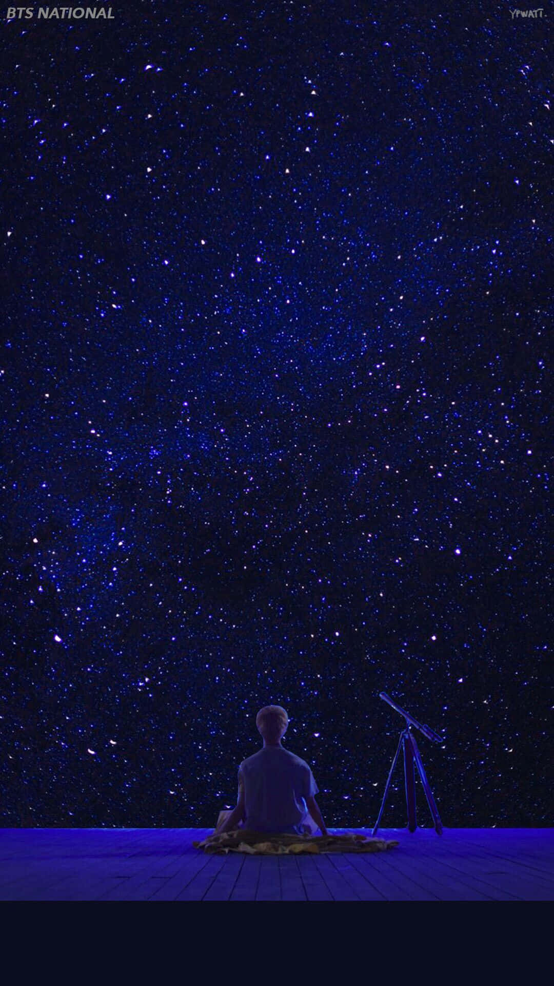 夜空 桌布 壁紙 — 一個人盤腿坐在木甲板上，頭頂是廣闊的星空，旁邊放著望遠鏡。