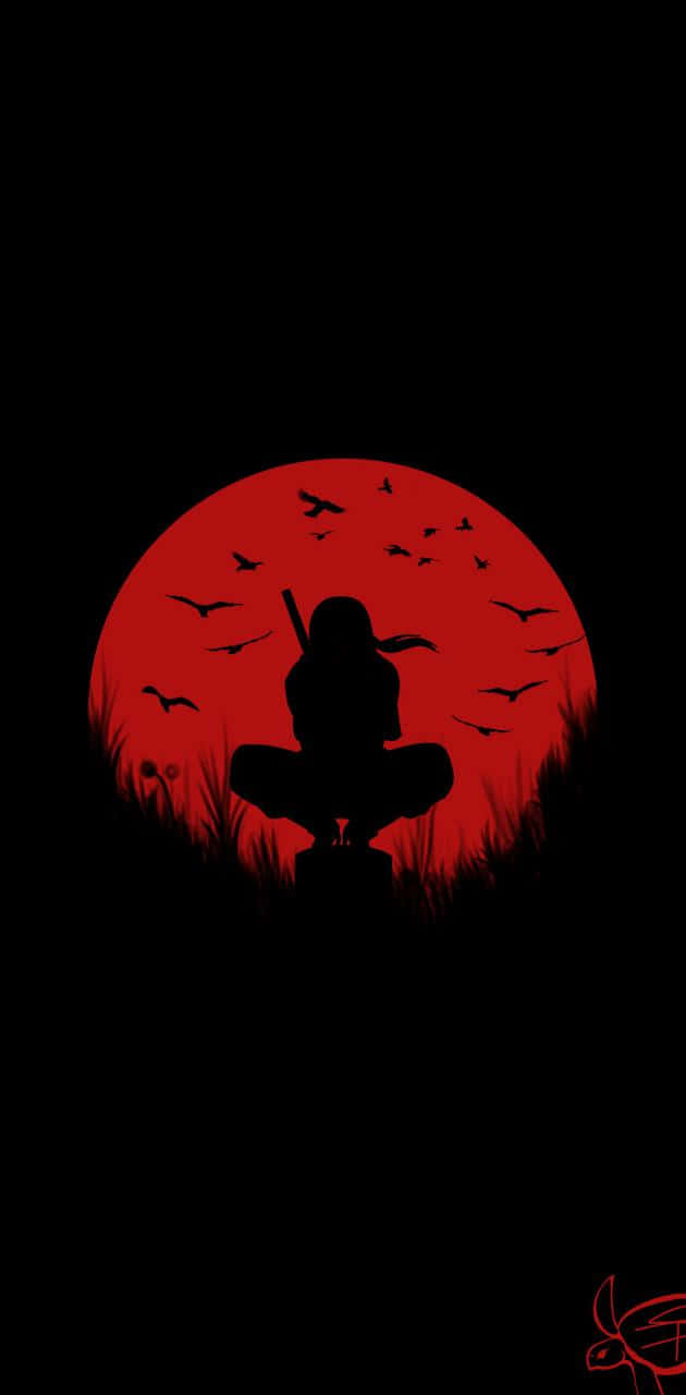 Red Moon 桌布 壁紙 — 一個人盤腿坐在發光的紅月亮前，鳥兒在周圍飛翔的剪影。