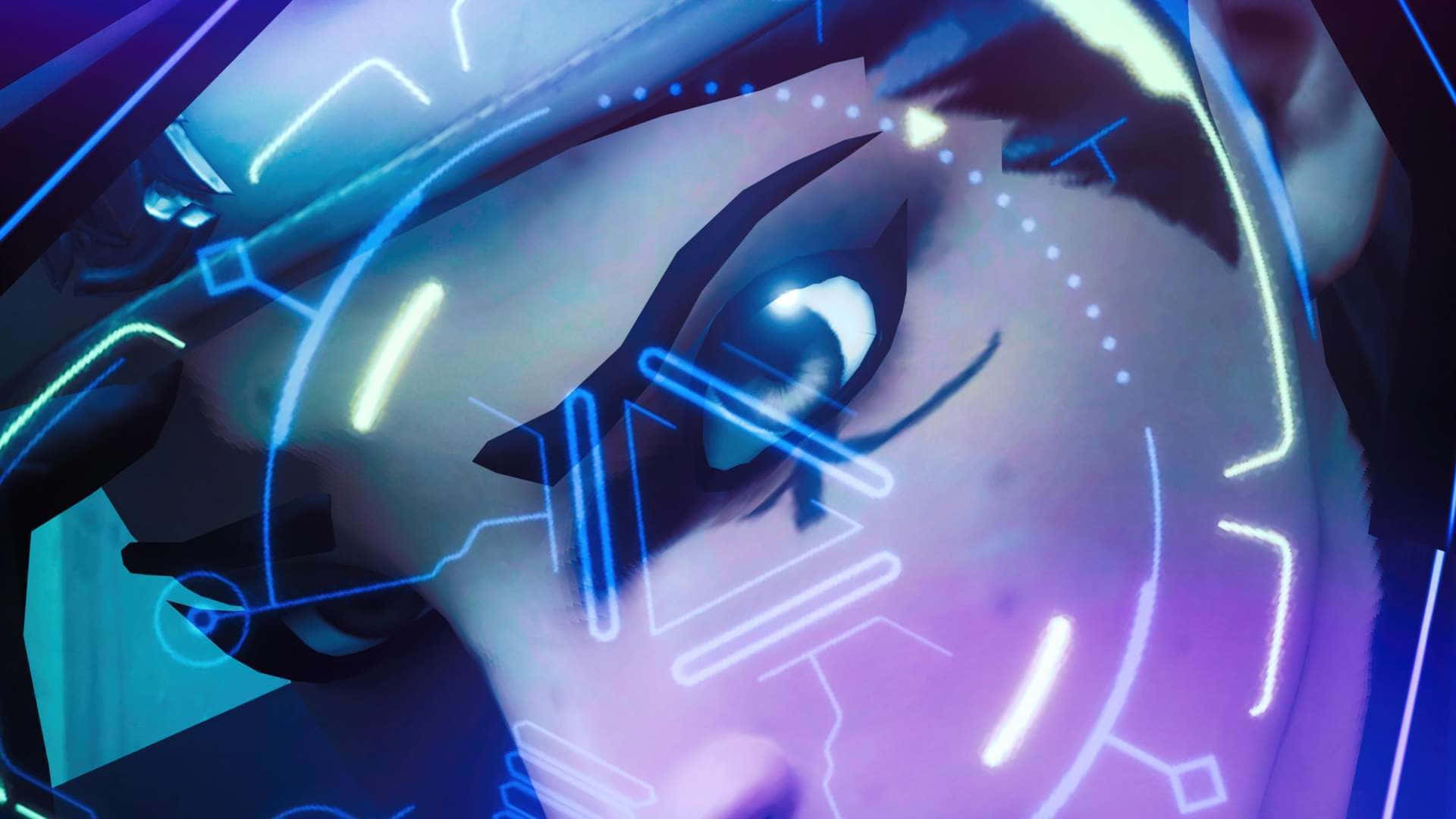 Overwatch Ana 桌布 壁紙 — 一個人眼睛的特寫，發出霓虹藍色和紫色的數位線條和電路圖案的光芒。