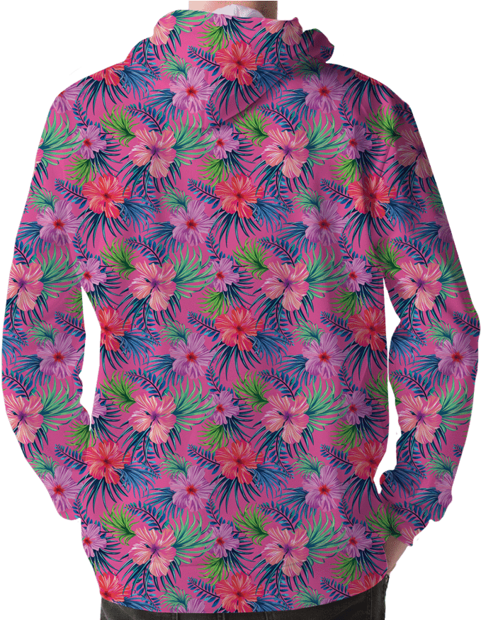 Clothes 桌布 壁紙 — 一個人穿著一件鮮豔的粉紅色連帽衫，上面佈滿熱帶芙蓉花和綠葉，背景為黑色。