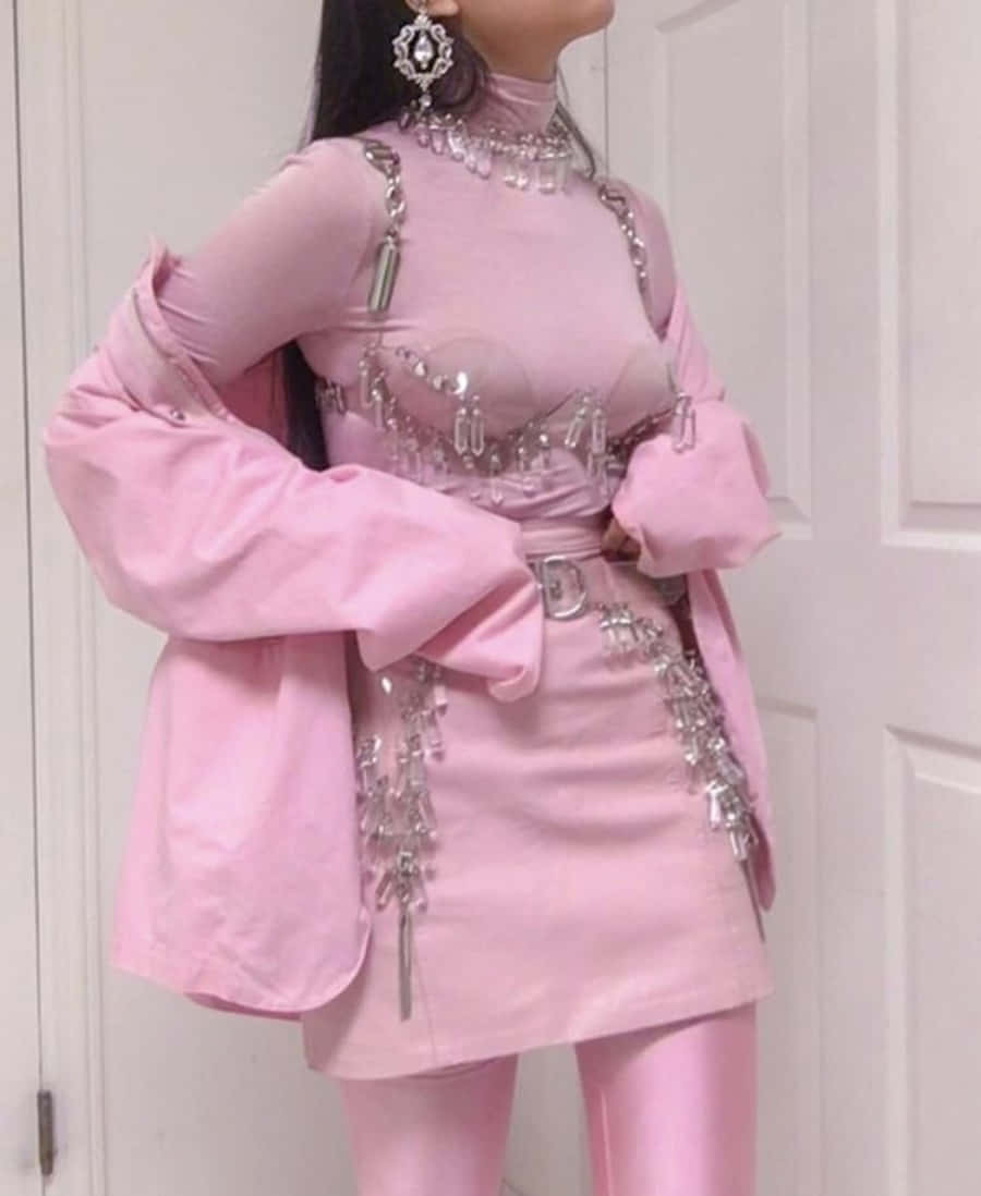 Pink Fashion 桌布 壁紙 — 一個人穿著全粉紅色服裝，飾有銀鏈和水晶，自信地站在白色門前。