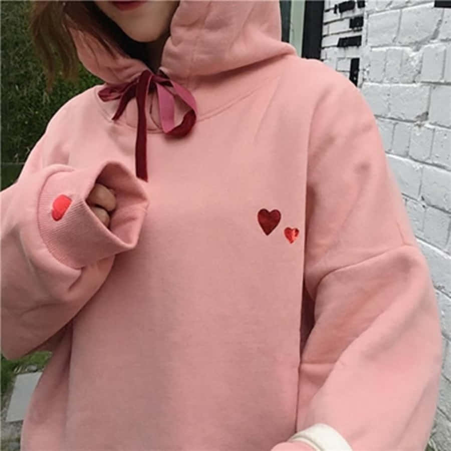 Pink Sweater 桌布 壁紙 — 一個人穿著柔軟的粉紅色連帽衫，上面有紅色心形補丁和相配的蝴蝶結，背景是白色磚牆。